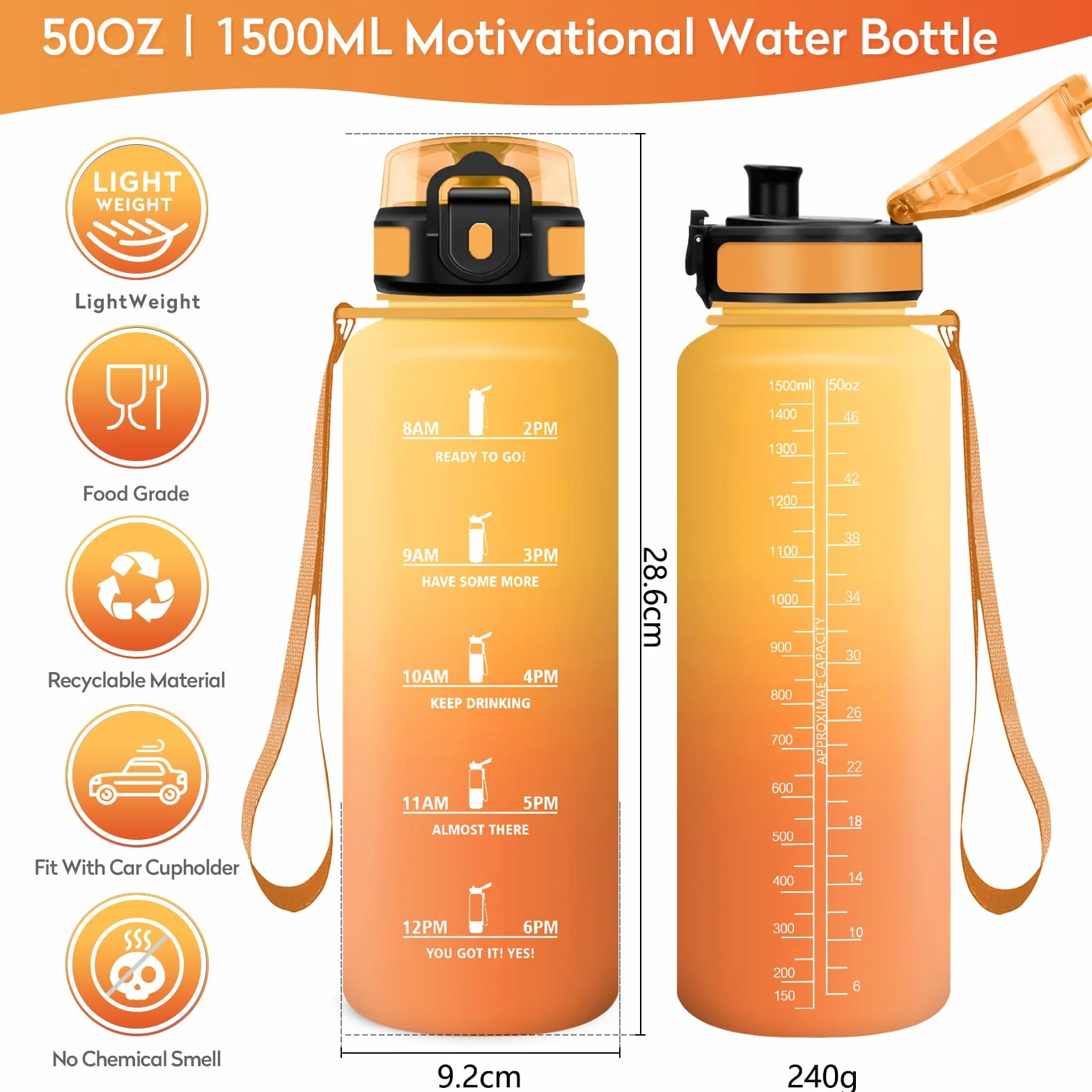 Borraccia Motivazionale 1.5 litri Sportiva Senza Perdite con Indicazione del Tempo, BPA Free