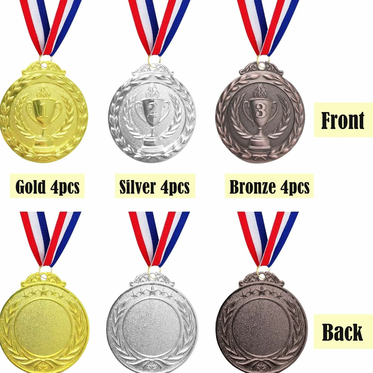 Medaglie in Metallo Oro Argento Bronzo per Bambini Vincitori Concorsi Feste Stile Olimpico con Collari, 12 Pezzi