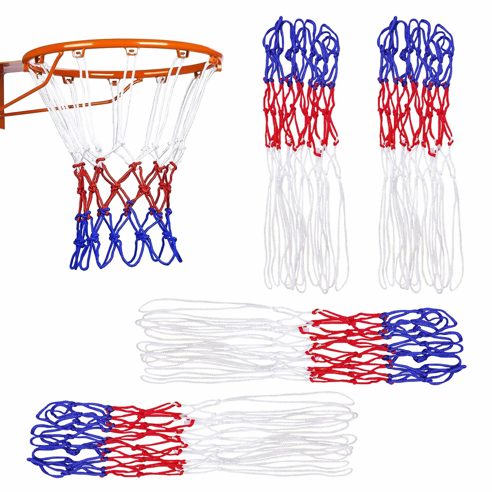 TSHAOUN Rete da basket resistente, confezione da 4 pezzi, per sport all'aperto e al chiuso, 4 pezzi, colore: rosso bianco e blu