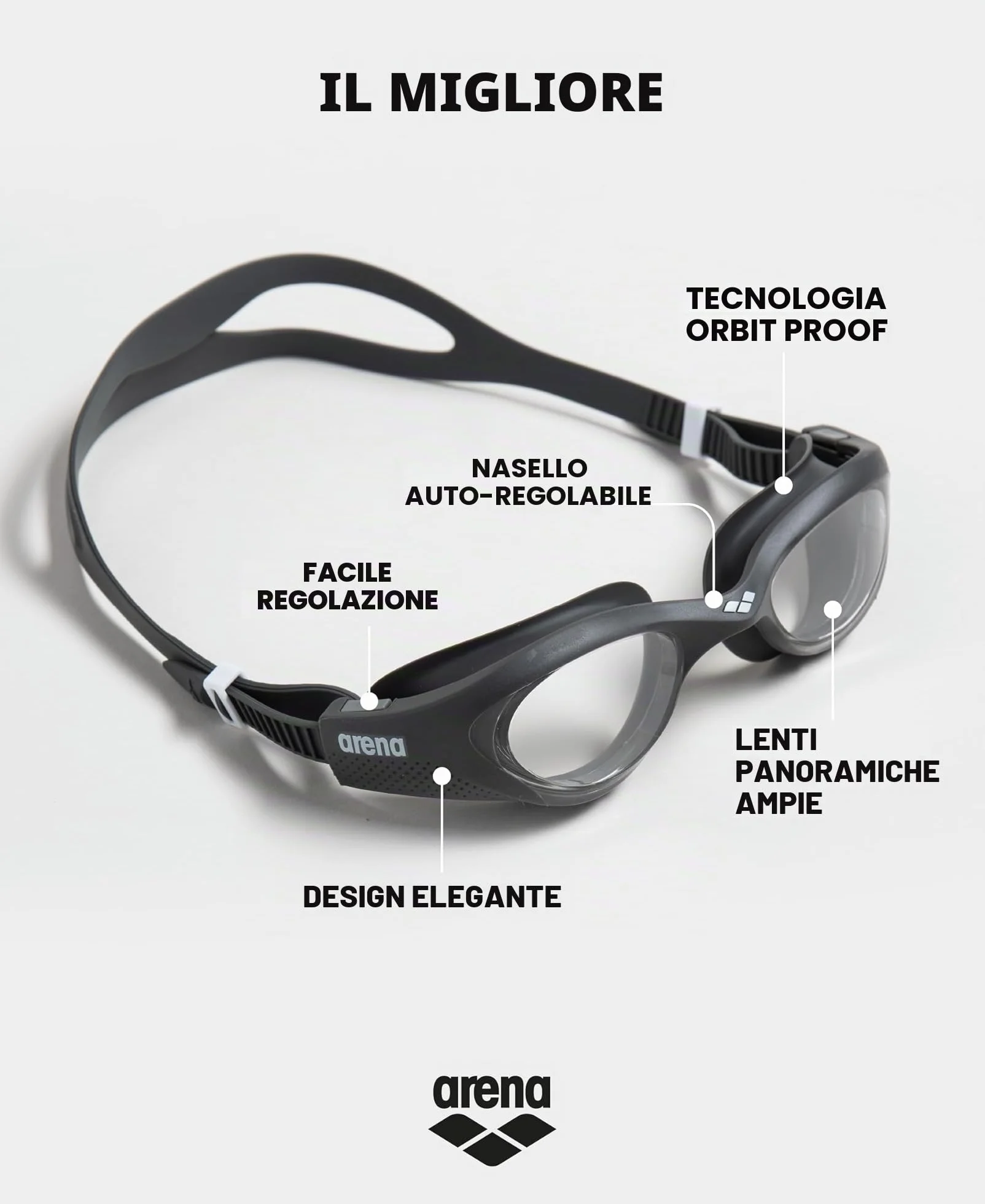 Arena The One Occhialini Nuoto Anti-Appannamento Unisex Adulto con Ampie Lenti Protezione UV
