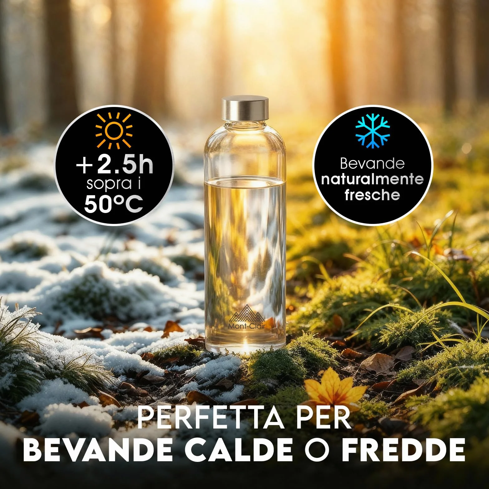 Mont-Clair Kristal Bottiglia Vetro 550ml Borosilicato con fodera in neoprene Anti-perdita senza BPA Bevande calde e fredde Blu
