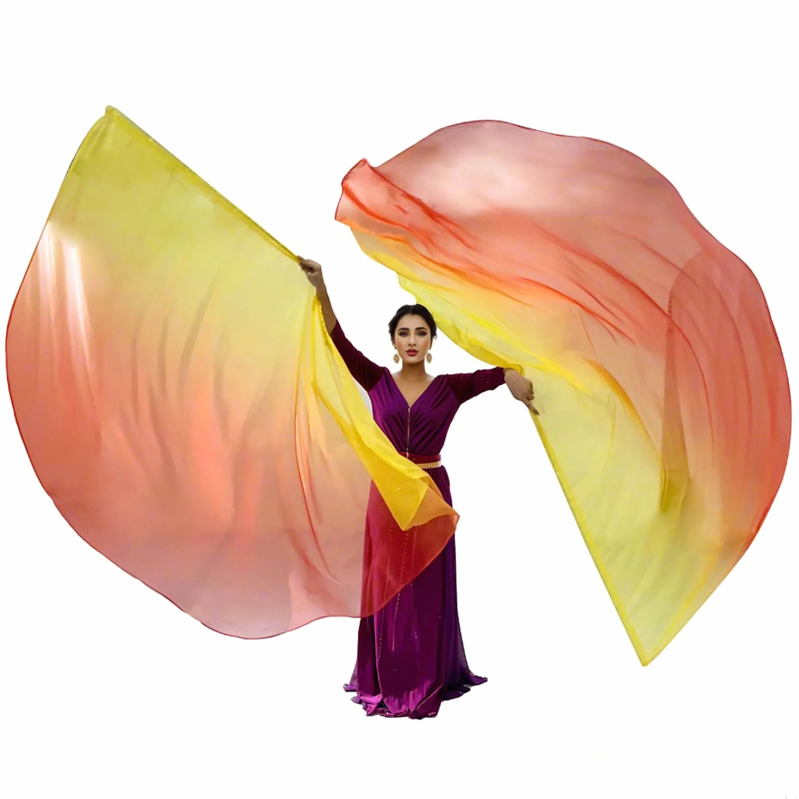 2 Sets of 55 x 78" Dance Metallic Semicircle Worship Angel Wing Flags with Scalable Rods - Praise Flags Worship Silk Flex Flag for Dance Church Performance-yellow-red