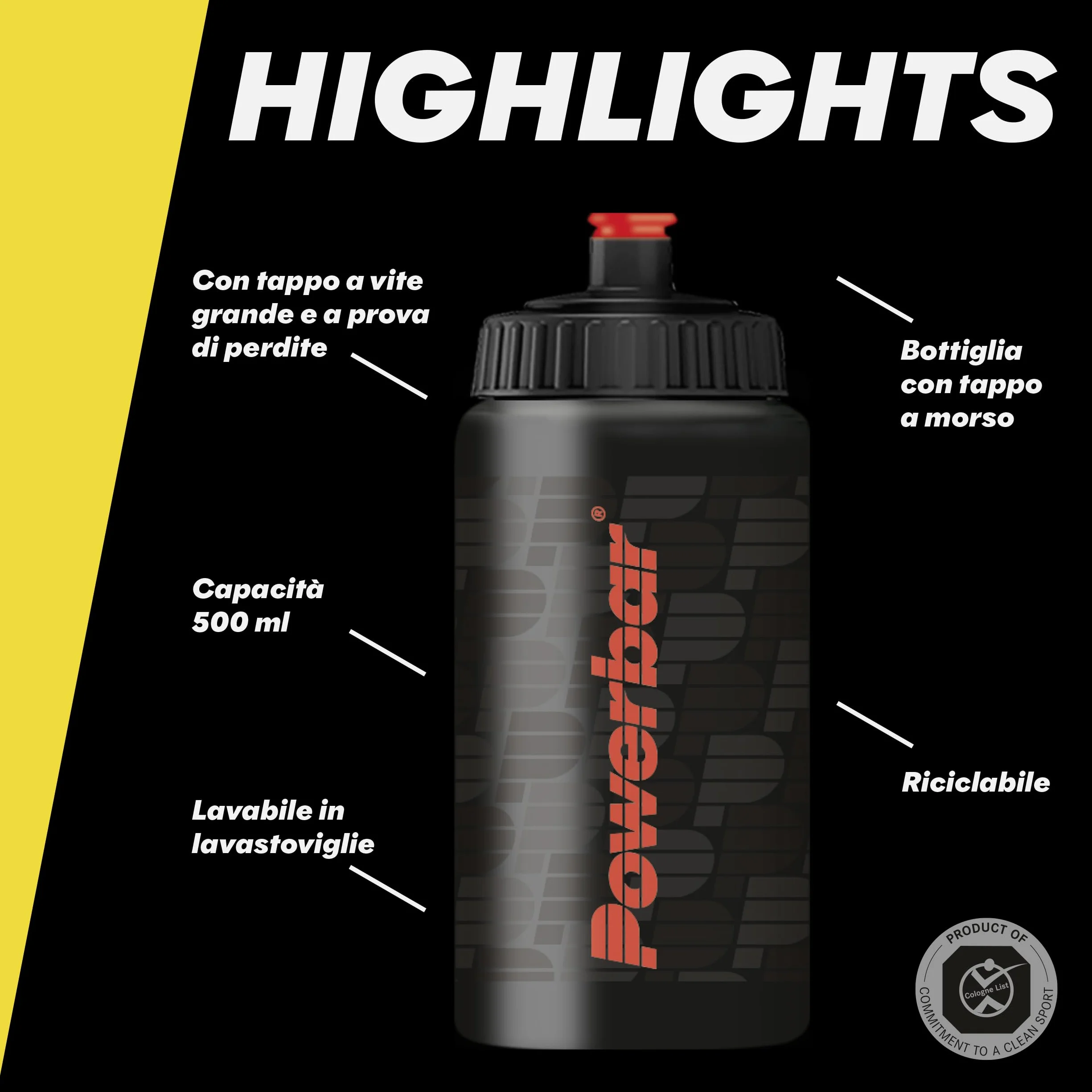 Powerbar Borraccia Sportiva 500 ml nera A prova di perdite lavabile in lavastoviglie senza BPA