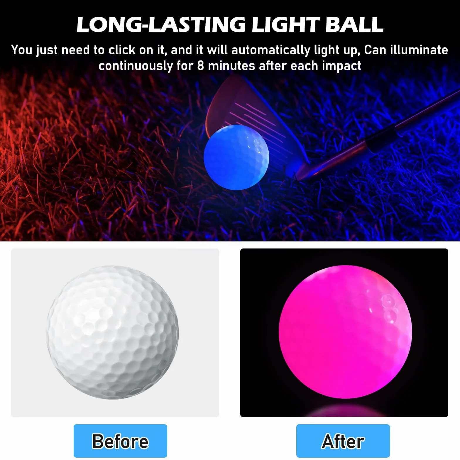 PORFOYO 6 palline da golf luminose LED notte riutilizzabili rosso giallo verde blu bianco rosa