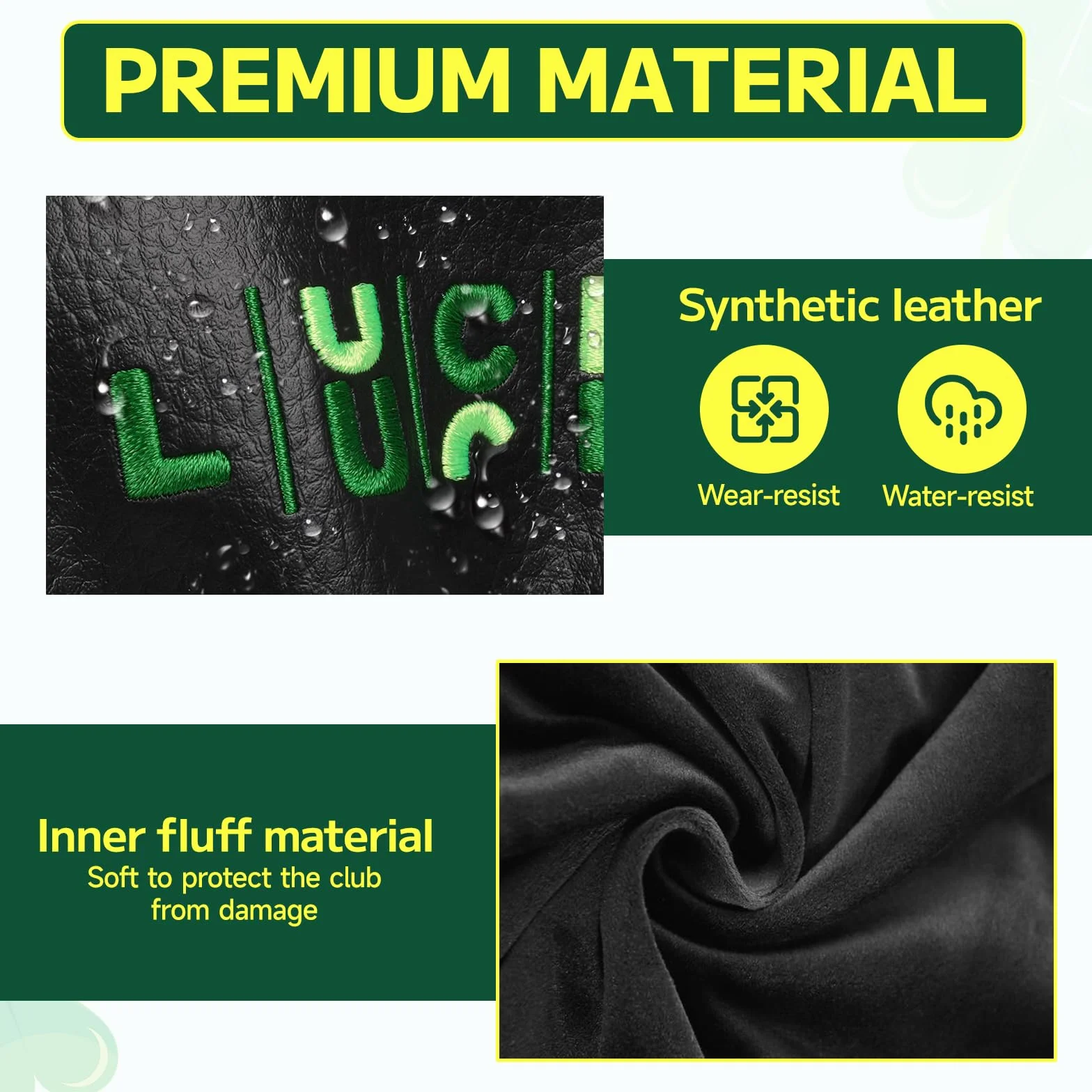 Copritesta in legno per mazze da golf, per driver/fairway/ibrido/1FH/putter, in pelle PU nera, ricamo con trifoglio verde fortunato