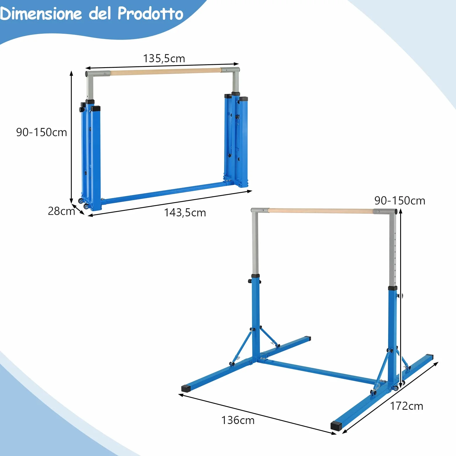 COSTWAY Barra per Ginnastica e Danza per Bambini Pieghevole Portatile, Sbarra Parallela in Metallo e Legno con 13 Altezze Regolabili, Portata 100 kg