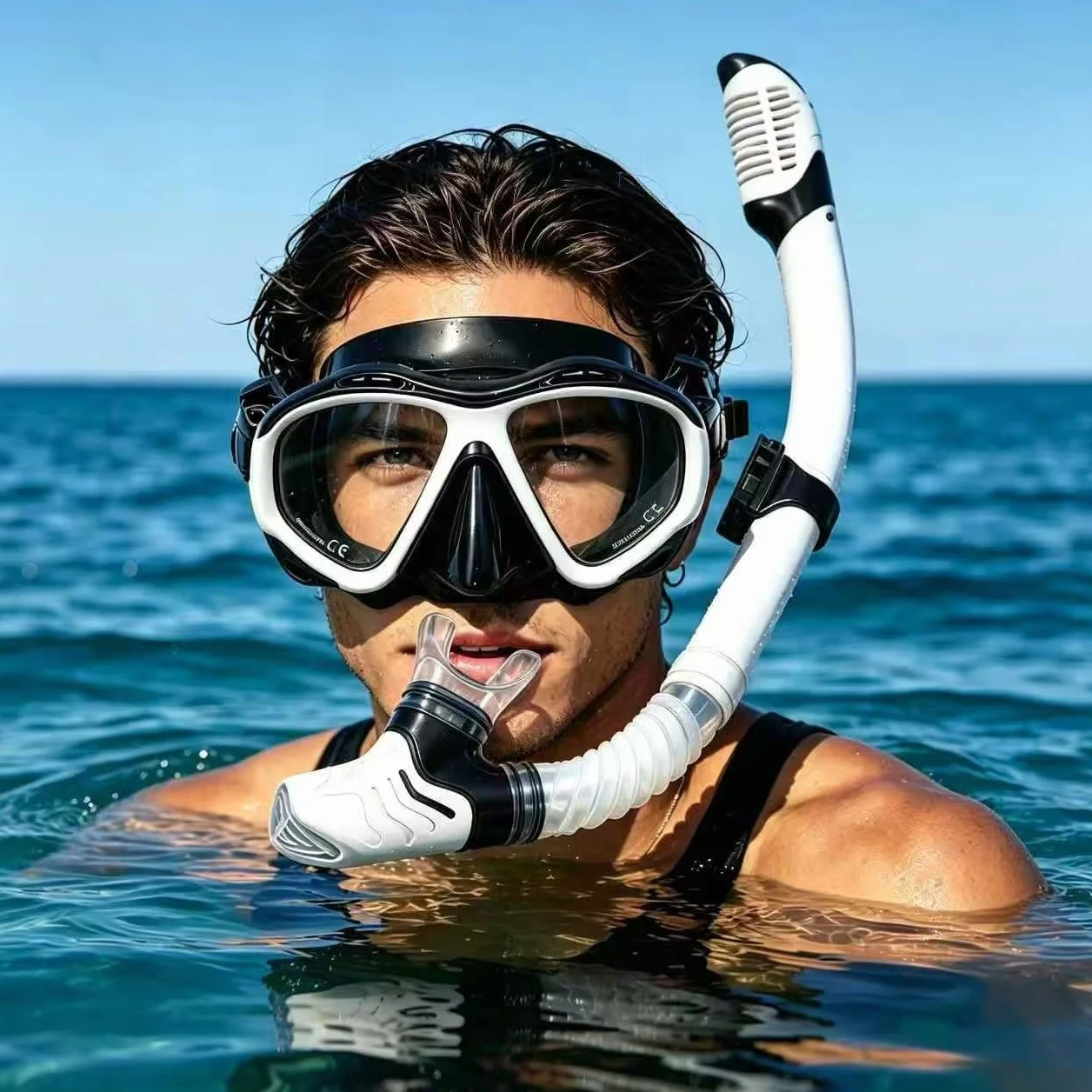Maschera Subacquea Anti-Appannamento 180° Panoramica con Boccaglio Asciutto in Vetro Temperato per Immersioni