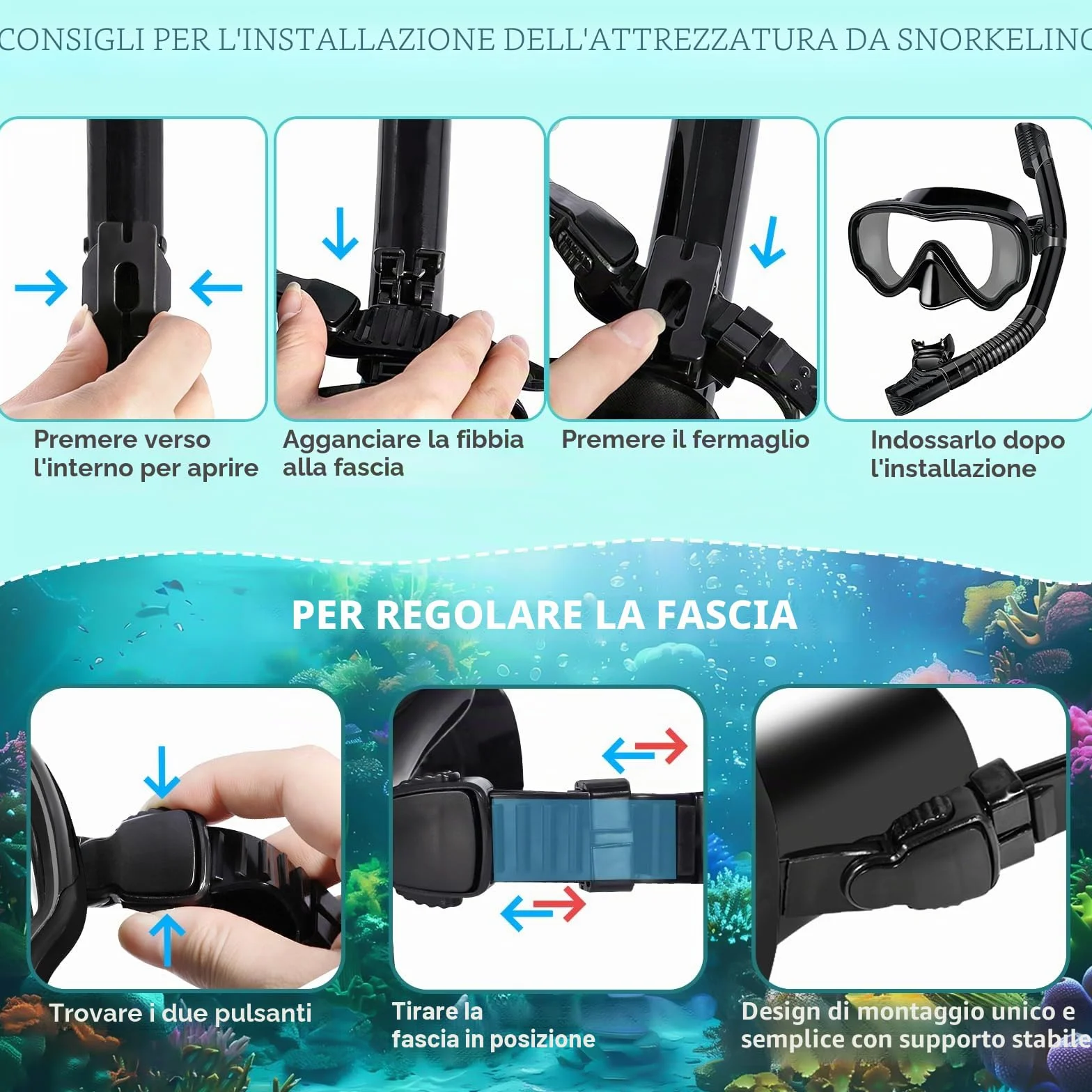 Maschera Snorkeling Adulto, Set Snorkeling Panoramici 180°, Antiappannamento Anti-Perdite per Nuoto Immersioni