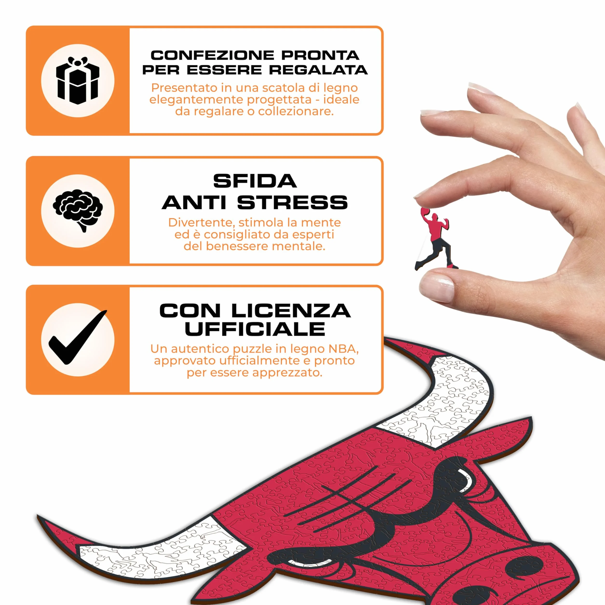 Iconic Puzzles - Chicago Bulls, Logo, Puzzle di Legno con licenza ufficiale NBA, 100% sostenibile, regalo per adulti e bambini, taglia S, 150 Pz