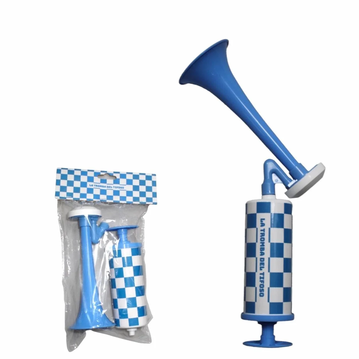 "Tromba da Stadio Manuale – Clacson ad Aria a Pompa con Design a Scacchi Blu e Bianchi – Perfetta per Tifosi, Eventi Sportivi e Feste – ‘La Tromba del Tifoso’"