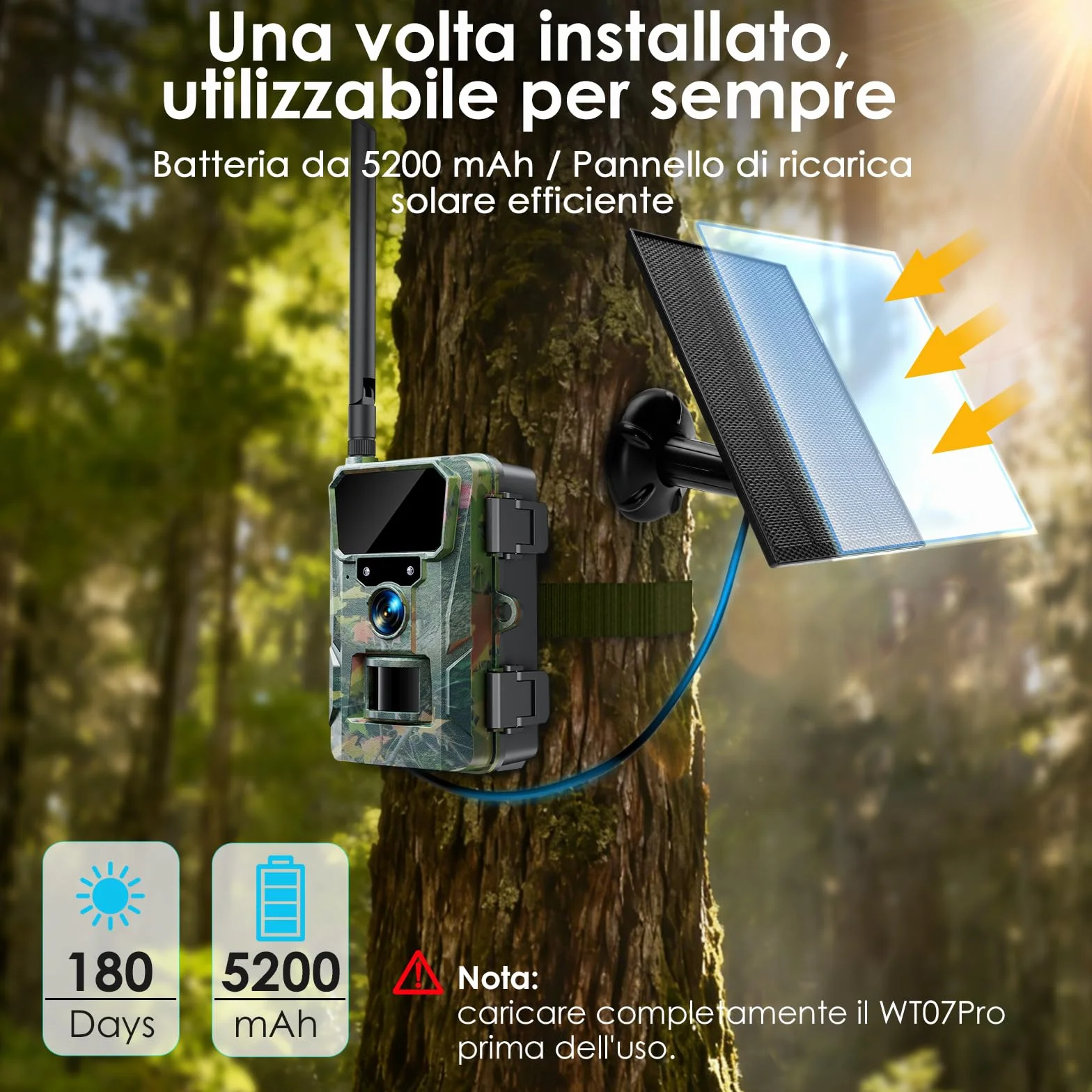 WOLFANG Fototrappola 4G 2K 48MP HD Fotocamera Caccia con Batteria 5200 mAh Infrarossi IP66