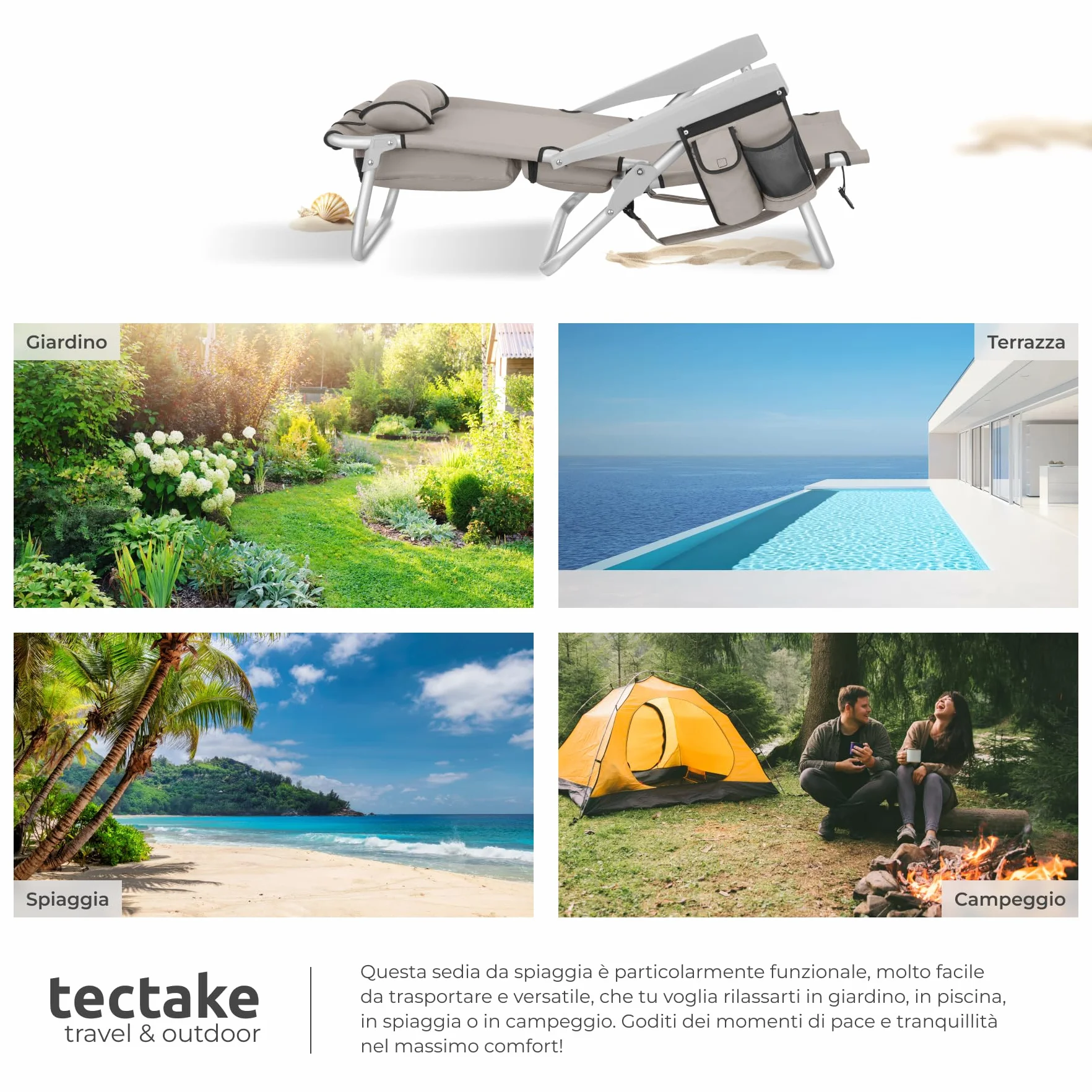 tectake® 2 Sedia da Spiaggia Pieghevole Funzione Zaino, Telaio Alluminio, Schienale Regolabile, Beige