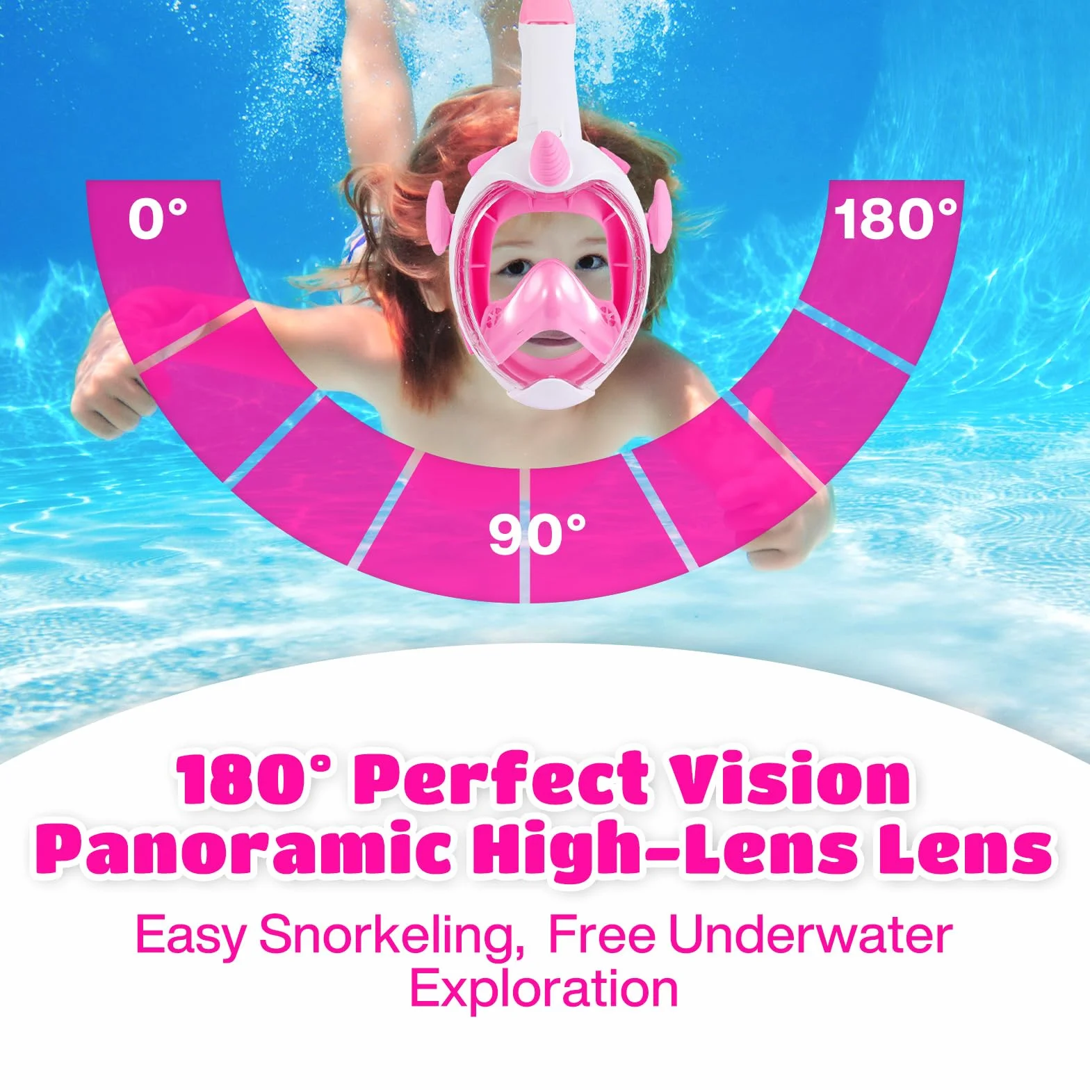 Maschera Snorkeling Integrale Bambini 3-12 Anni Vista Panoramica 180° Anti Appannamento Rosa XS