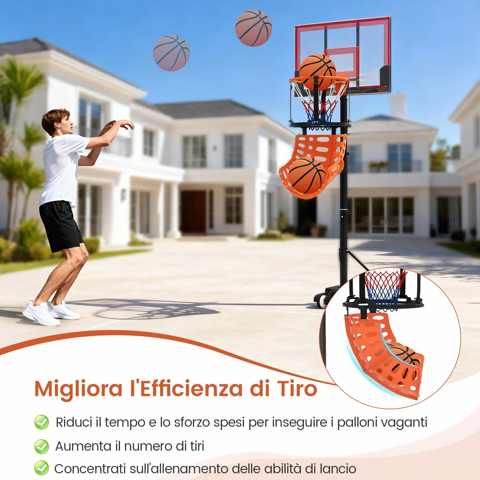 COSTWAY Sistema di Ritorno Palla Basket Rotante a 360° con 4 Ganci Smontabili, Sistema di Ritorno Pallacanestro con Struttura Robusta, Allenamento Tiro Basket per Adulti, Giovani e Bambini
