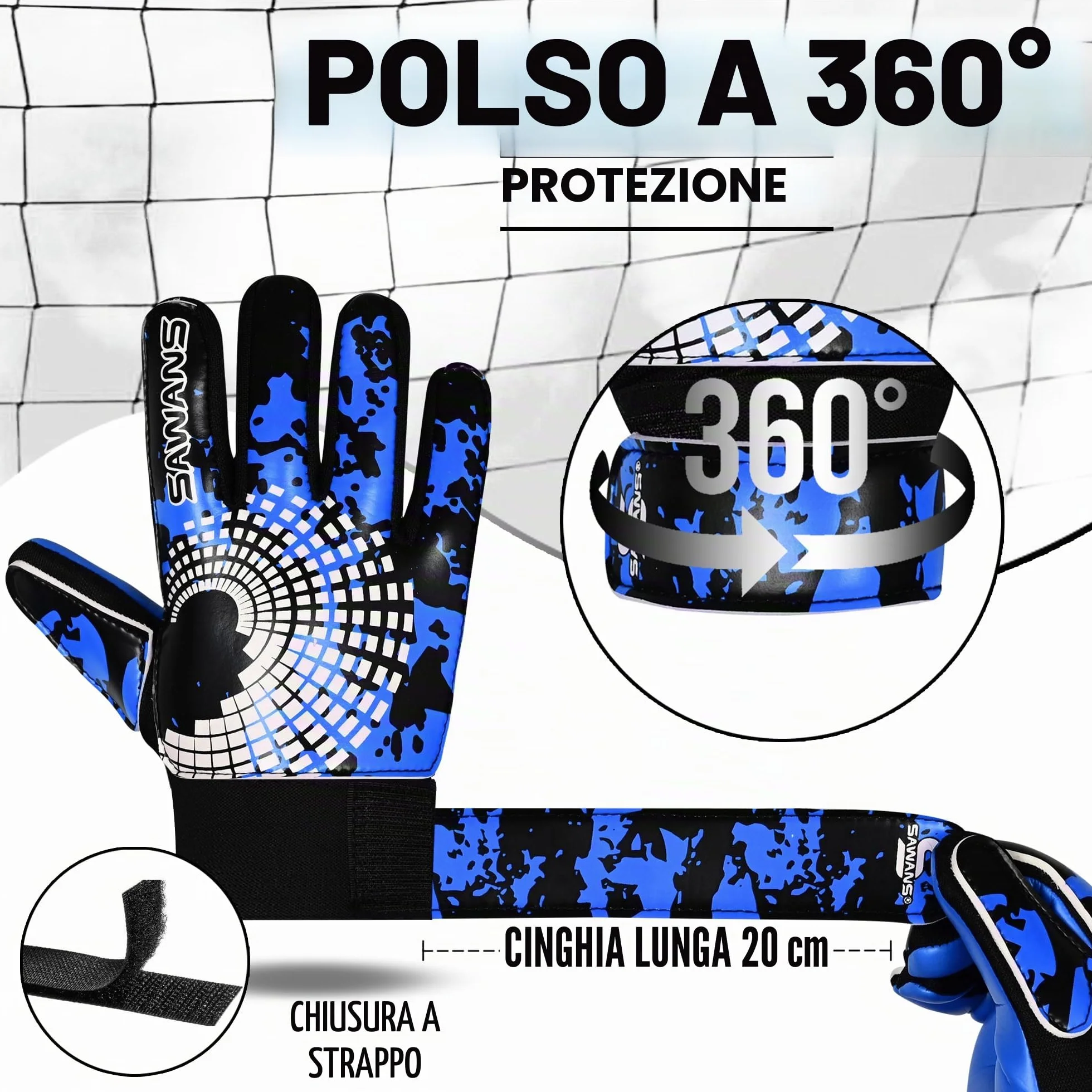 SAWANS Guanti da portiere da calcio con presa forte, palmo con supporto per il polso, antiscivolo