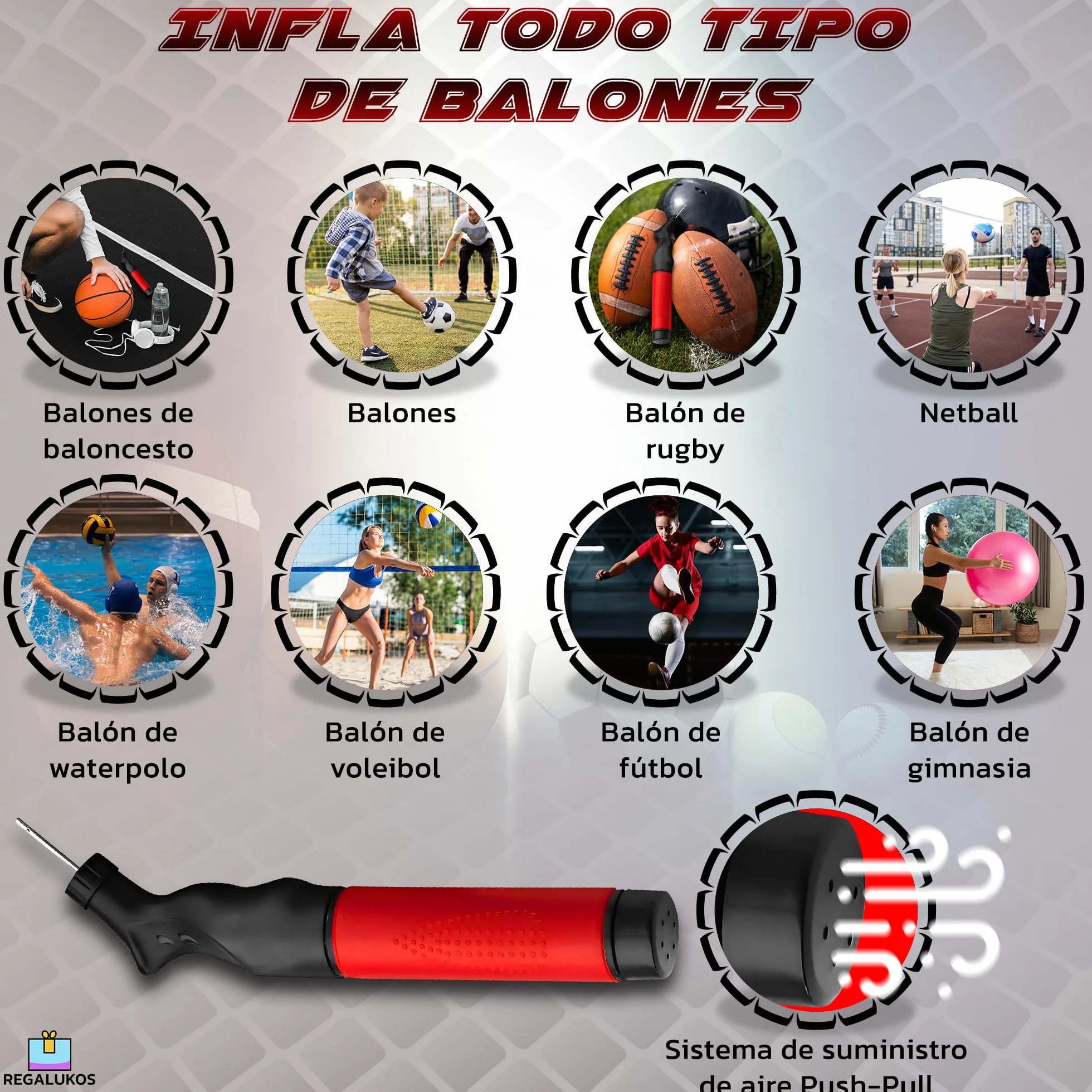 Gonfiatore per palloni con 5 aghi da calcio, pallamano, pallavolo, rugby