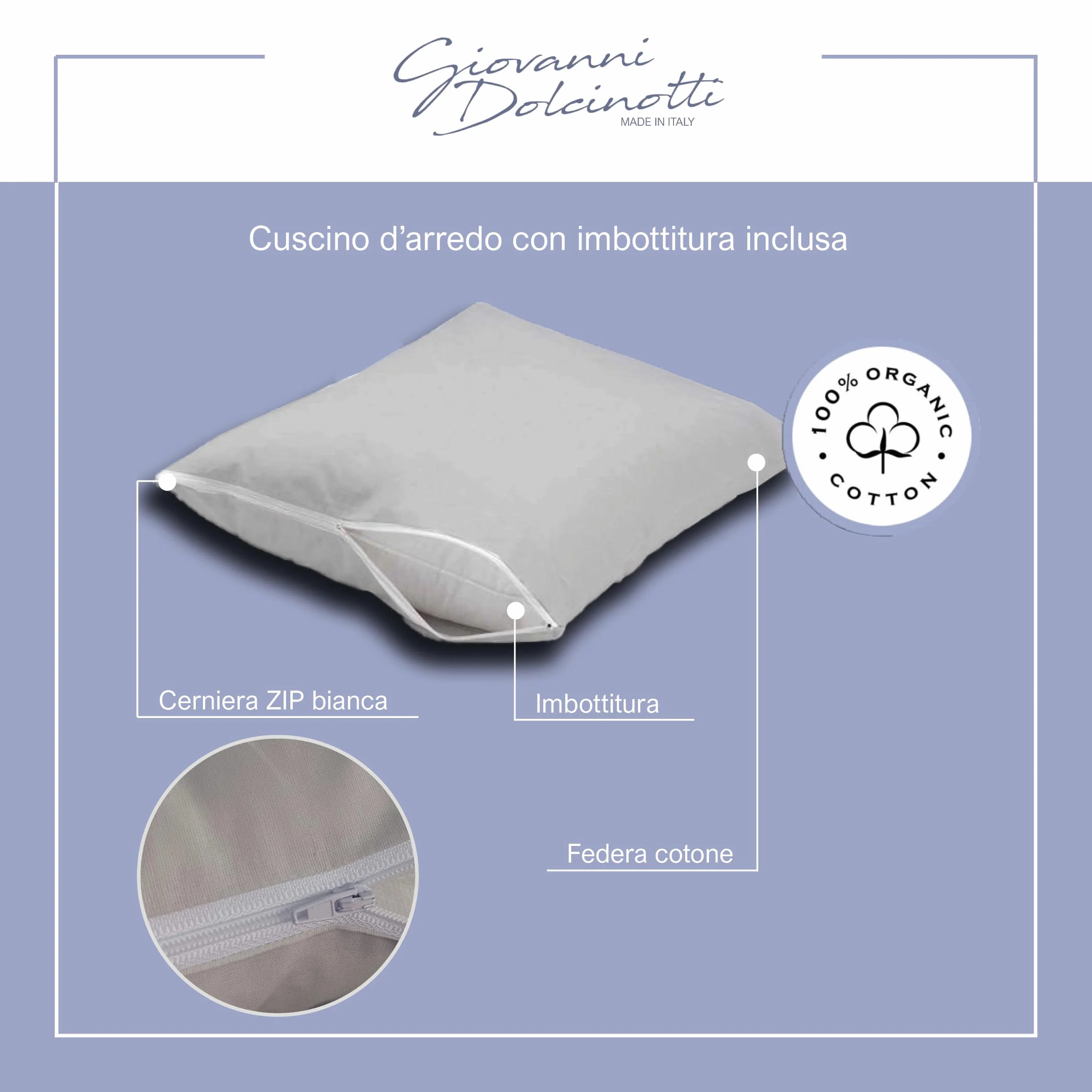 Giovanni Dolcinotti Copricuscini Decorativi 50x50 Set 2 Federe Cuscini Divano 100% Cotone Grigio Perla Modello Atlanta