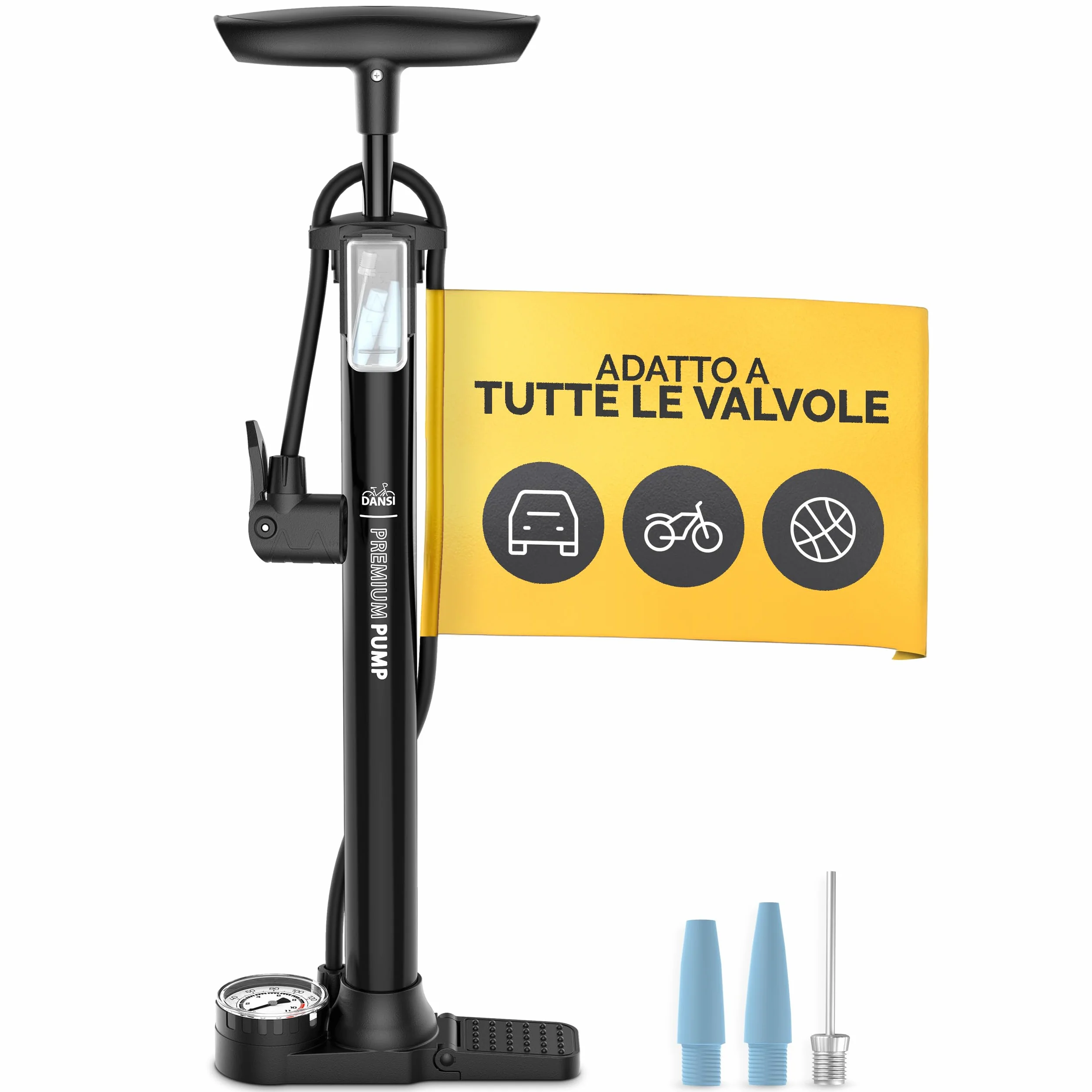 DANSI Pompa per bicicletta a pedale con manometro grande, adattatori e serbatoio AV/SV/DV per bici, moto, auto