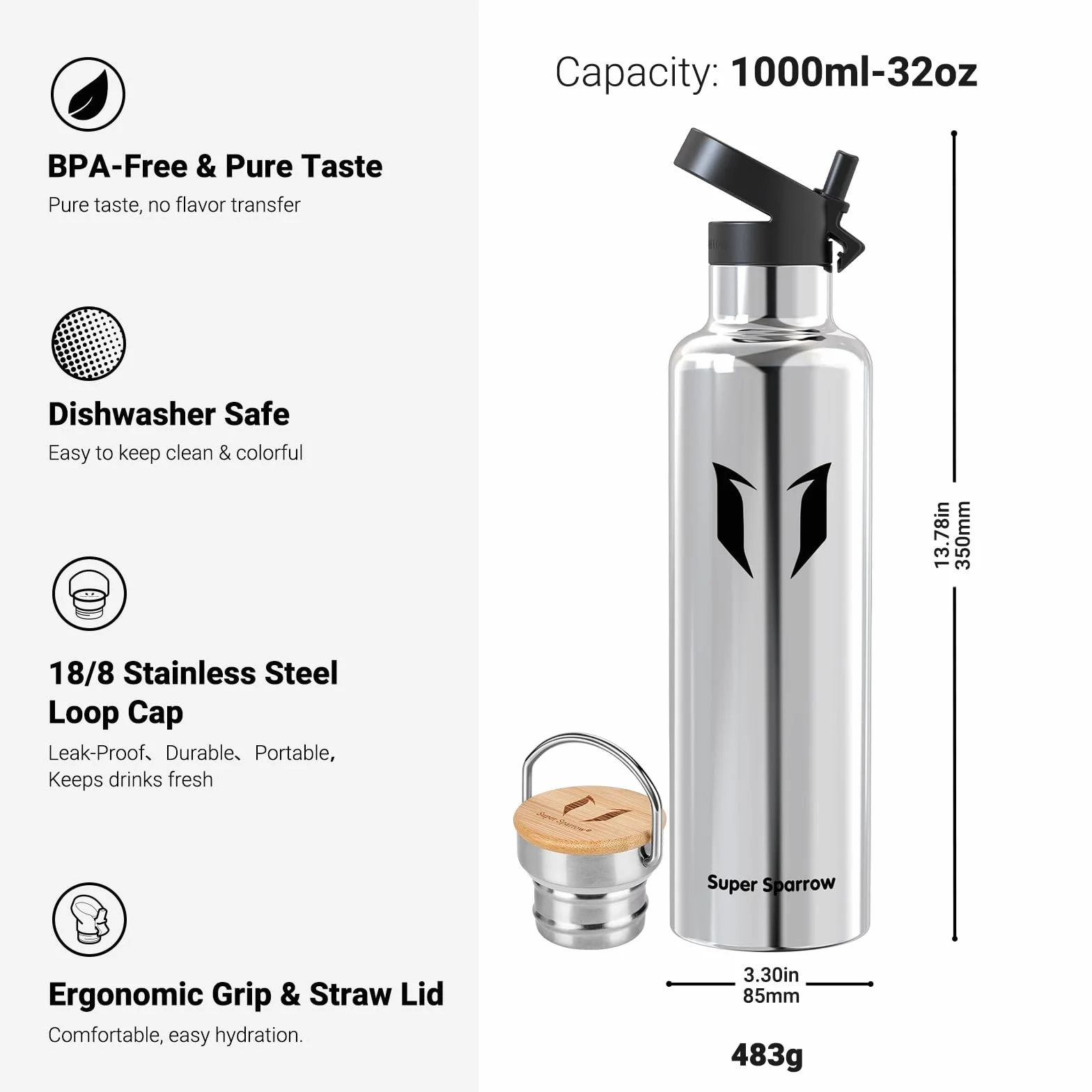 Super Sparrow Borraccia Termica 1L - Bottiglia Senza Perdite Senza BPA - Per Scuola, Sport, Campeggio