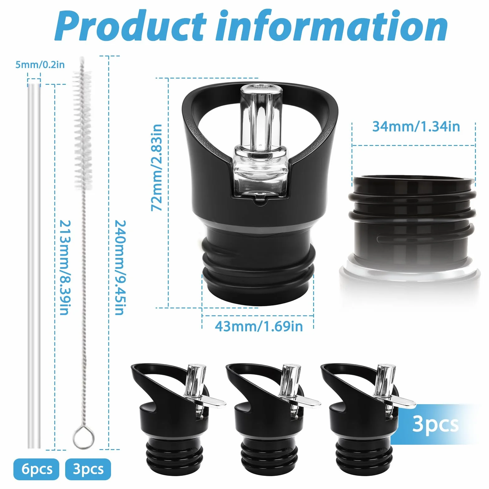 Tappo Borraccia Ricambio con Cannuccia per Hydro Flask Bocca Standard 1,91/1,94 Pollici - 3 Pezzi