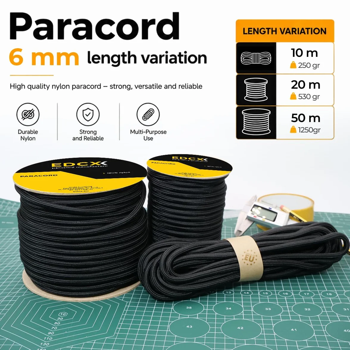 Paracorde 1,2 mm - 8 mm Noir 100% Nylon 10 m 20 m 30 m 50 m 100 m pour Artisanat Bricolage Camping