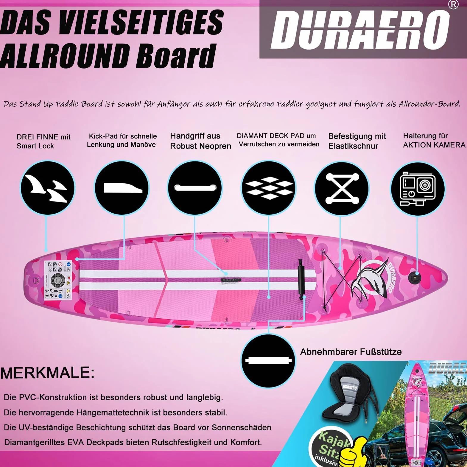 Tavola SUP gonfiabile 330x76x15 cm 150 kg supporto cam pad 3 pinze doppia pagaia regolabile Pink