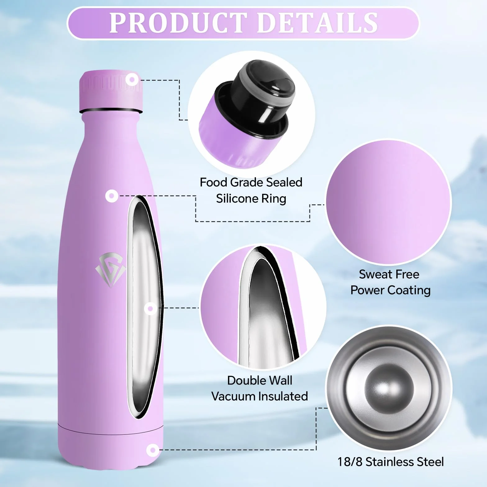 Borraccia Termica 500ml Isolato Sottovuoto Acciaio Inox Senza BPA Riutilizzabile per Campeggio Ciclismo