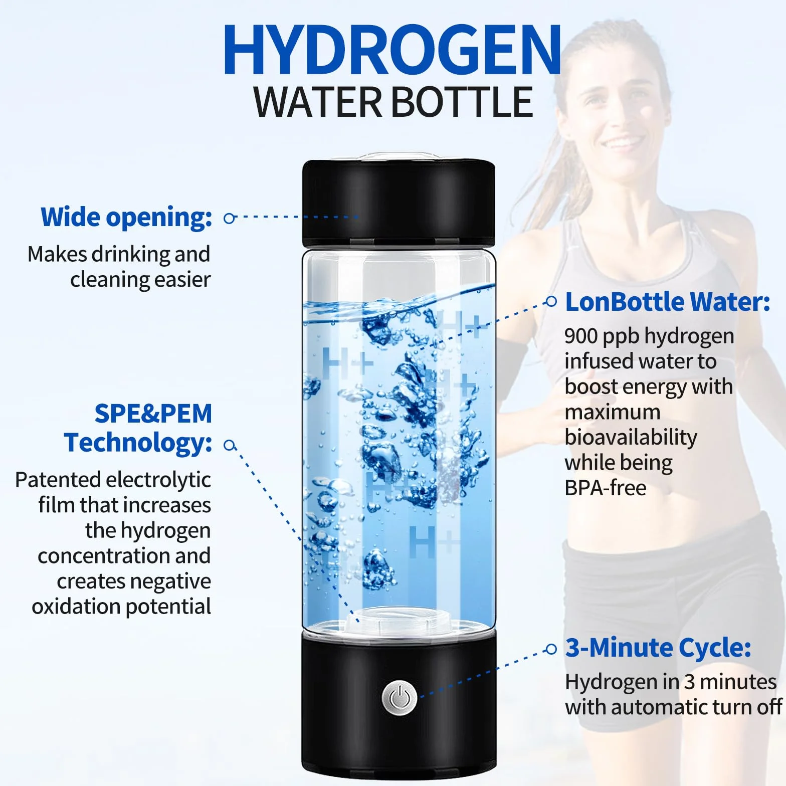 Generatore di Idrogeno Portatile, Bottiglia d'Acqua Idrogenata, Ionizzatore d'Acqua, Nero