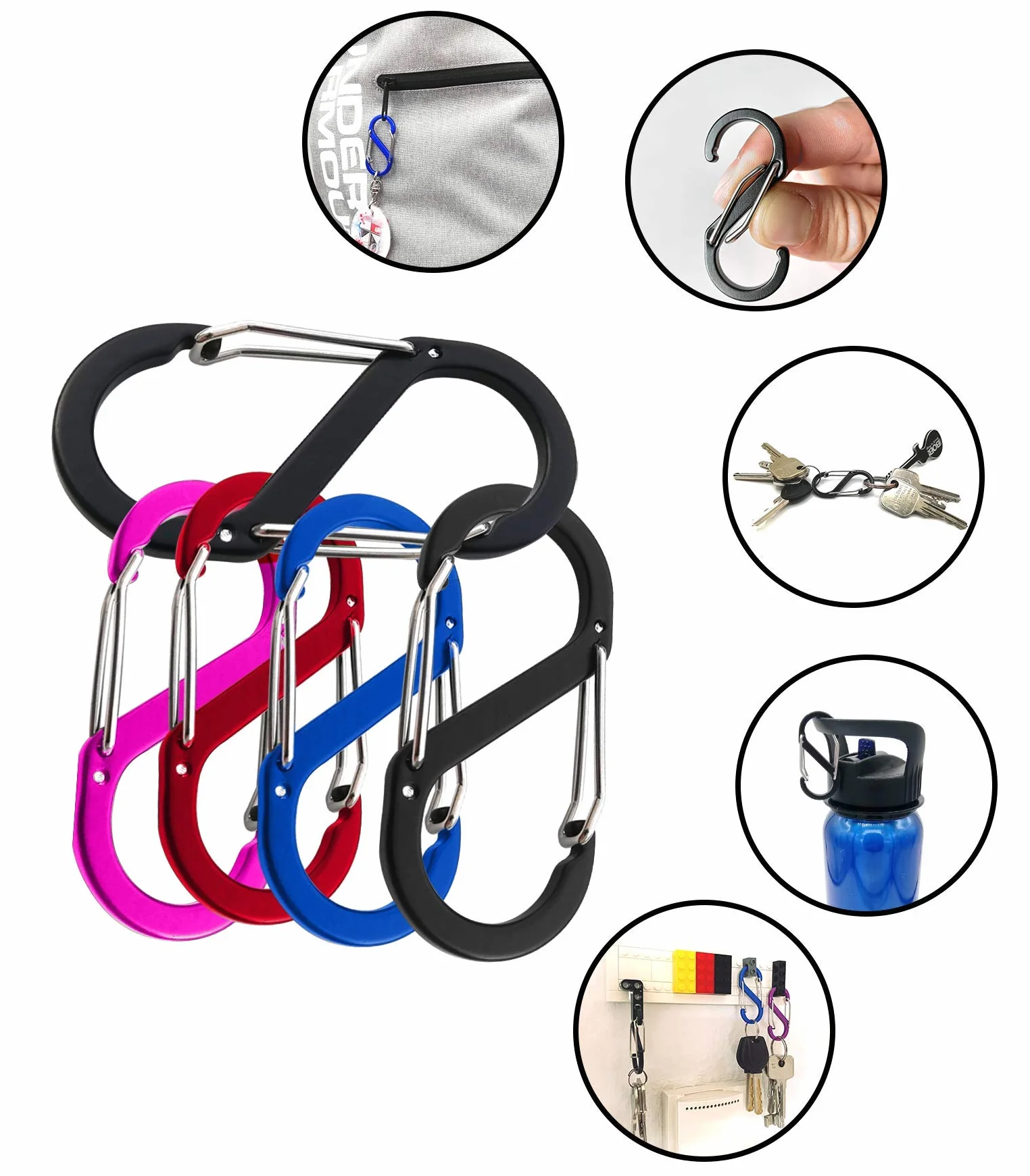 Set di 3 moschettoni a forma di S con doppia apertura mini