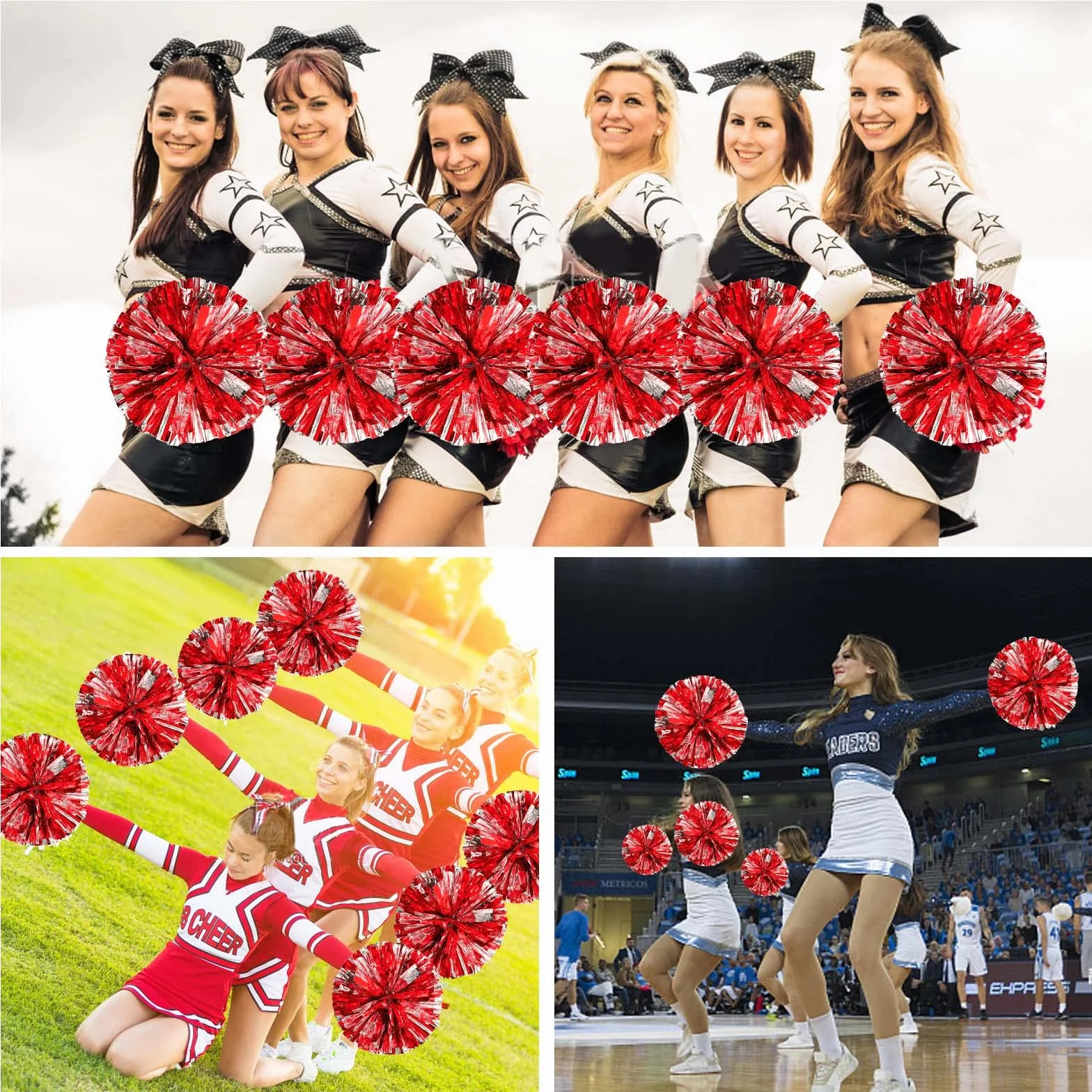 Pompon da Cheerleader con Manici 2 Pezzi Rosso per Ragazze Adulti Sport Festa