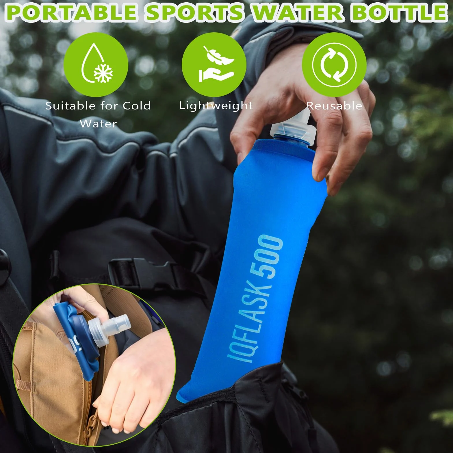 Borraccia Morbida 500 ml Soft Flask TPU Pieghevole Senza BPA per Running Escursionismo Campeggio (Blu)