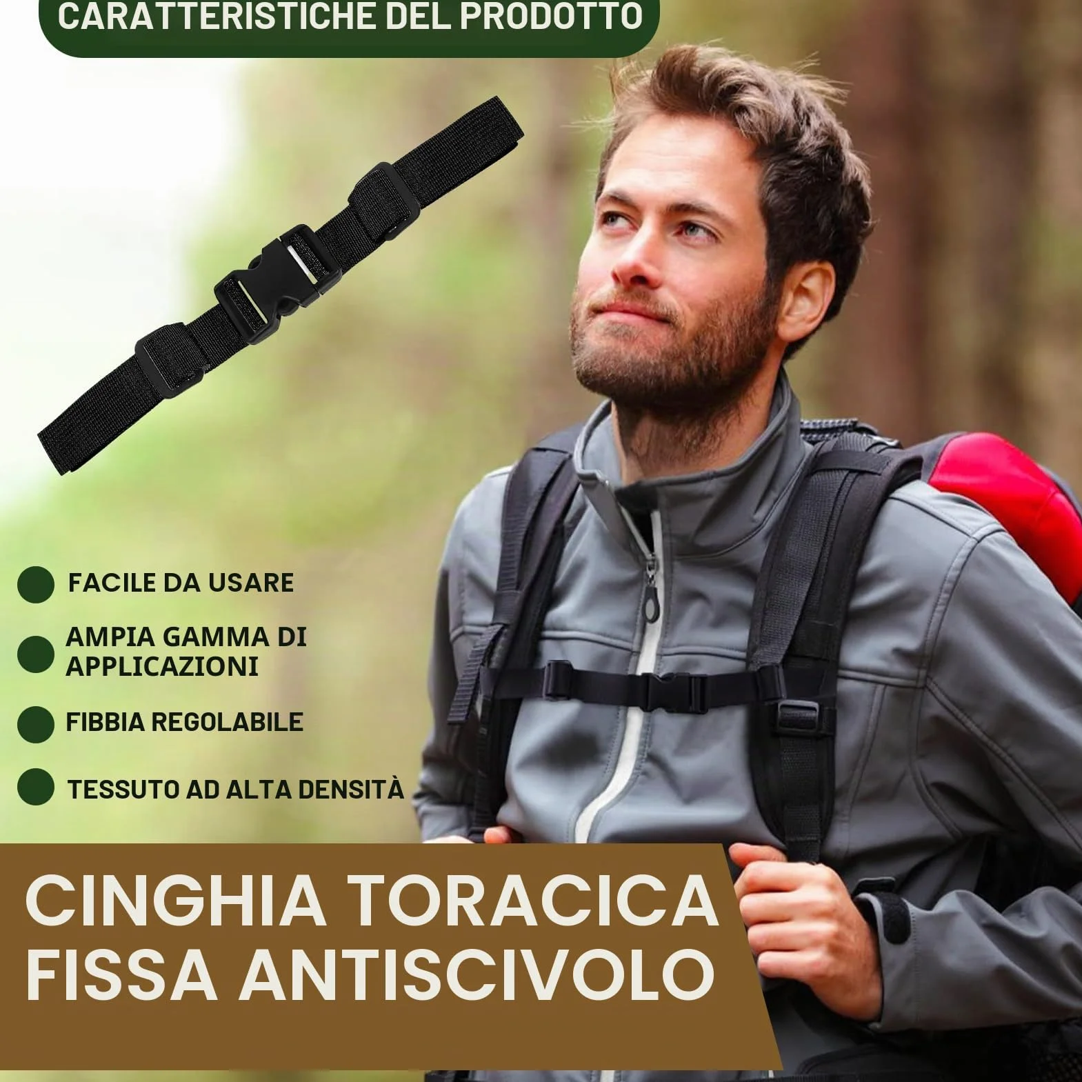 Cintura Toracica Regolabile 2.5cm Antiscivolo per Zaino con Chiusura Rapida, Universale per Escursioni Viaggi (Nero)