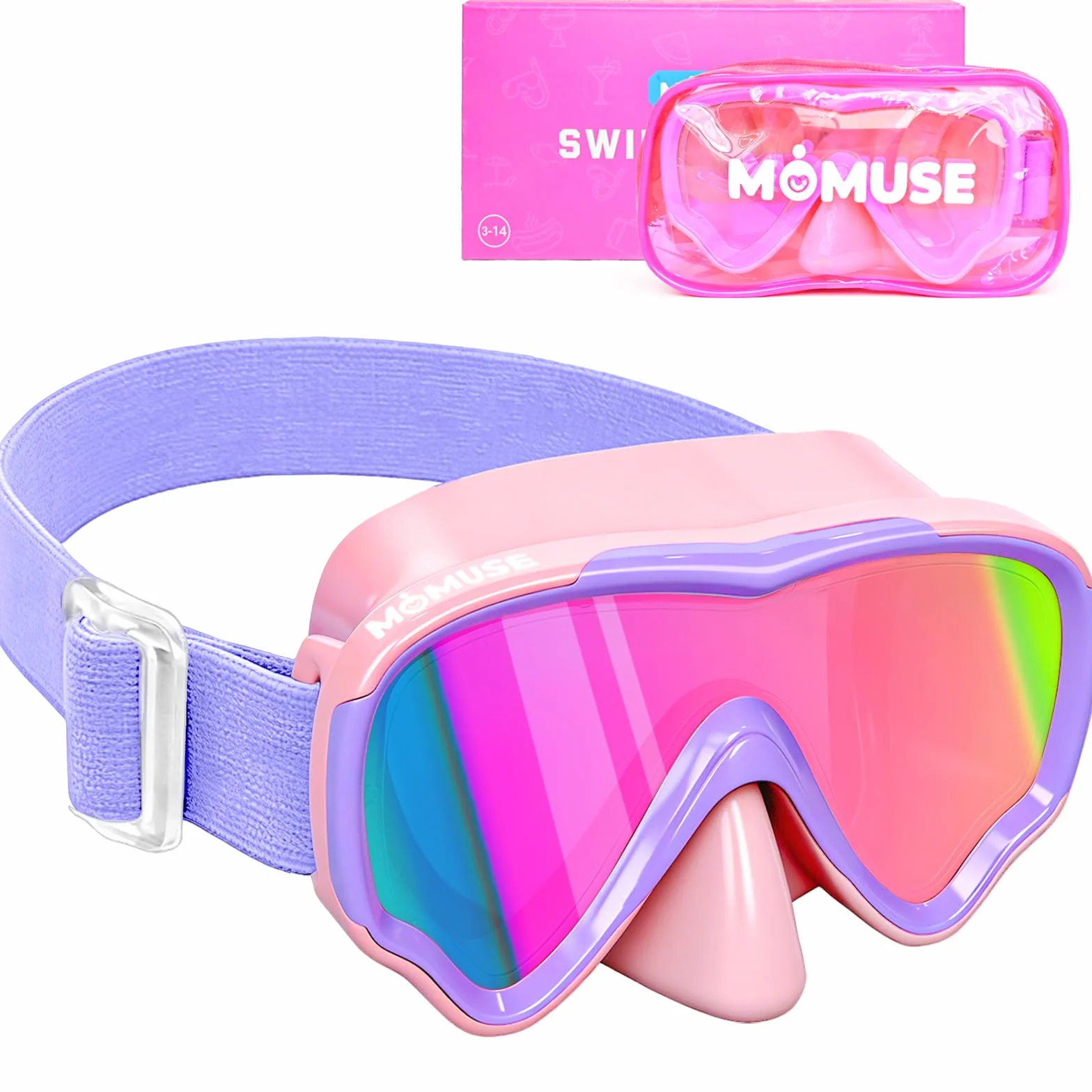 Occhialini Nuoto Bambini con Protezione UV e Cinturino in Tessuto Morbido, MOMUSE Occhialini Piscina Bambino con Copertura per il Naso 3D, Maschera Snorkeling per Bambino Bambina 3-14 Anni
