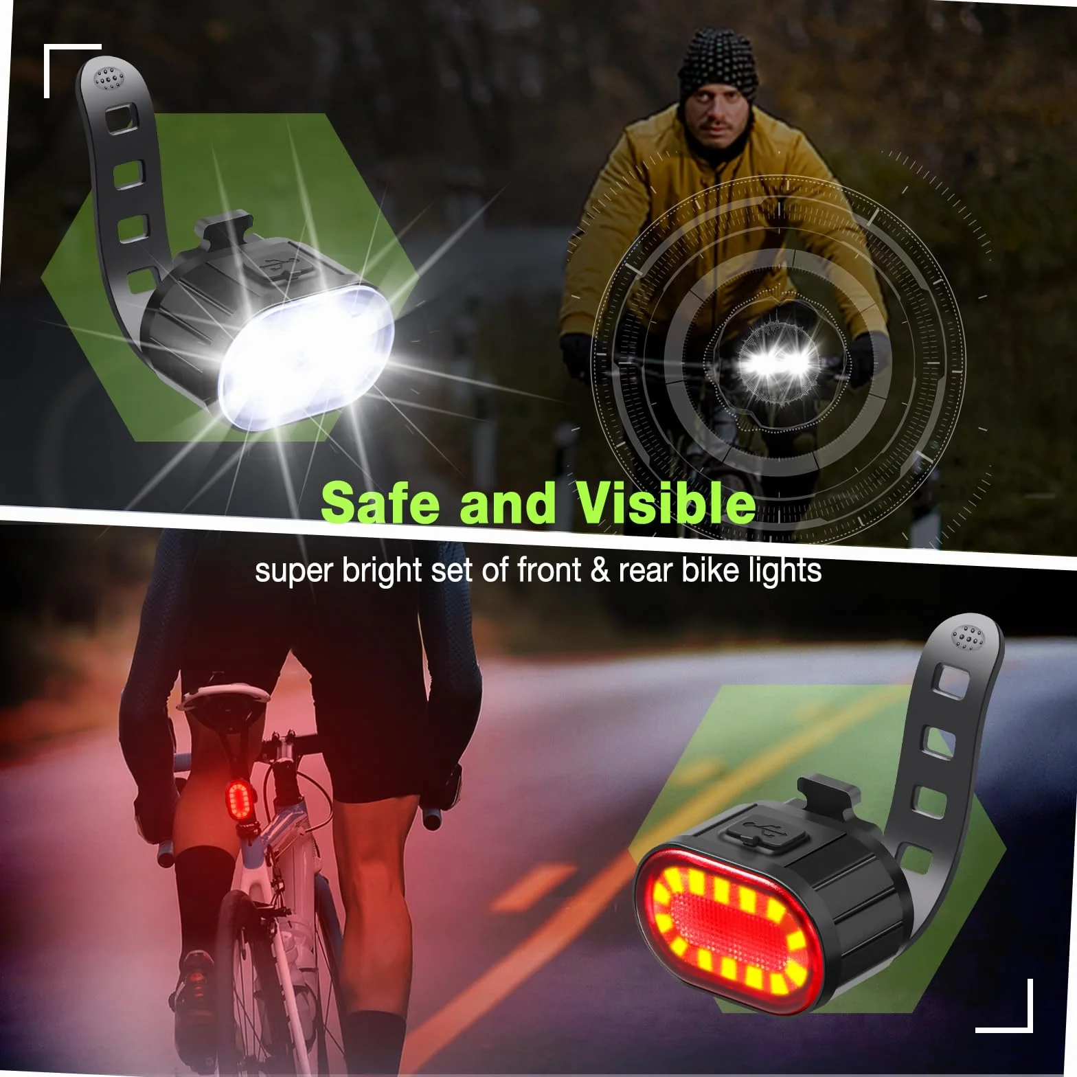 Oderra Luci Bicicletta LED Anteriore e Posteriore USB Ricaricabile IPX4 Impermeabile 4/6 Modalità per MTB Bici Skateboard