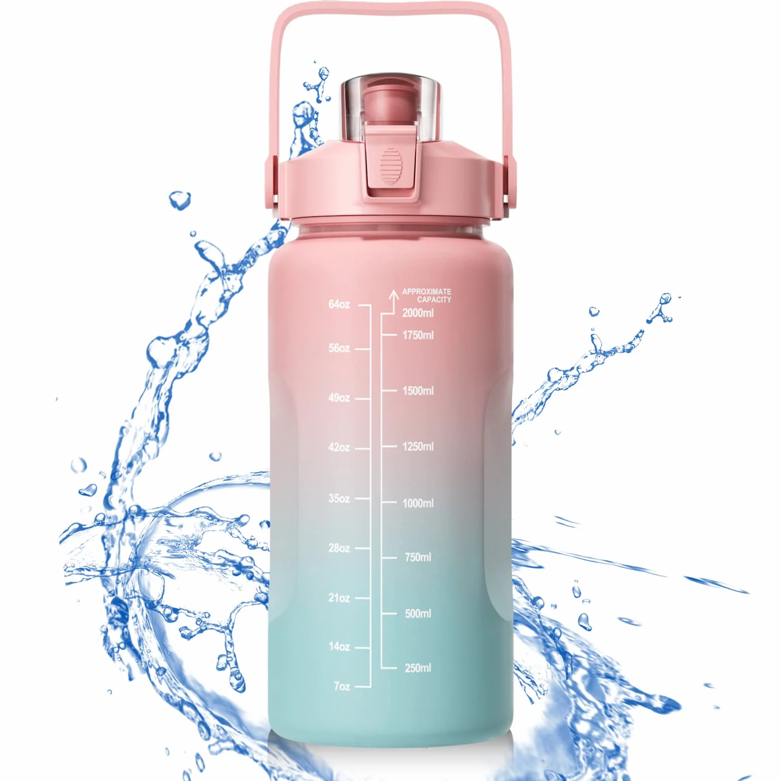 Borraccia con Cannuccia 2 Litro Sportiva Senza BPA, Indicazioni Graduate, Rosa