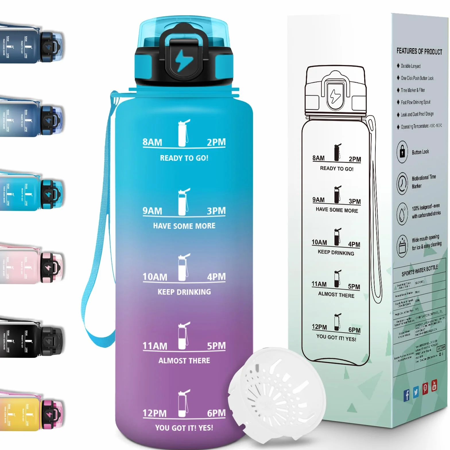 Motswedi Borraccia 1,5l Motivazionale a Prova di Perdite Bottiglia Palestra con Marca Temporale Blu&Viola
