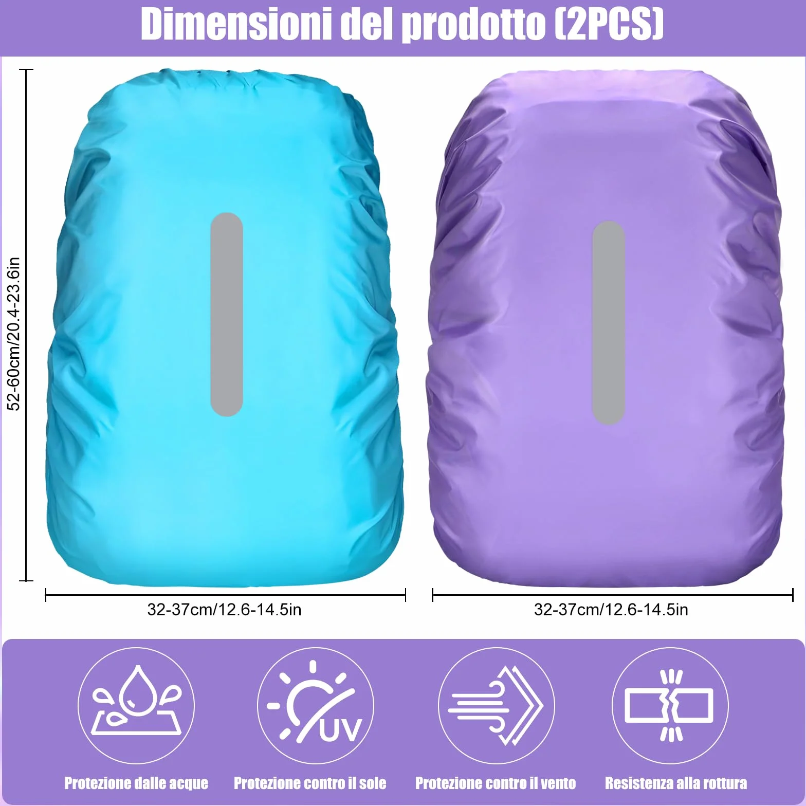 Coprizaino Impermeabile 2 Pezzi con Strisce Riflettenti, Parapioggia per Zaino Trekking Viaggio 40L-50L