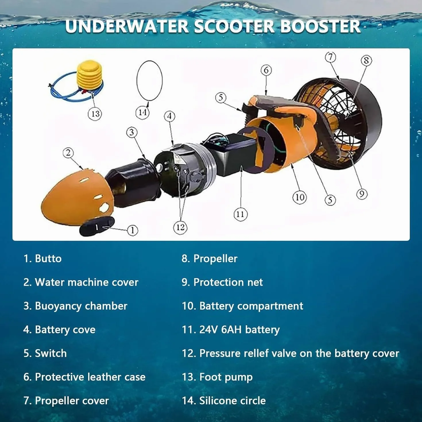 Scooter subacqueo 500W con batteria al litio per immersioni e snorkeling