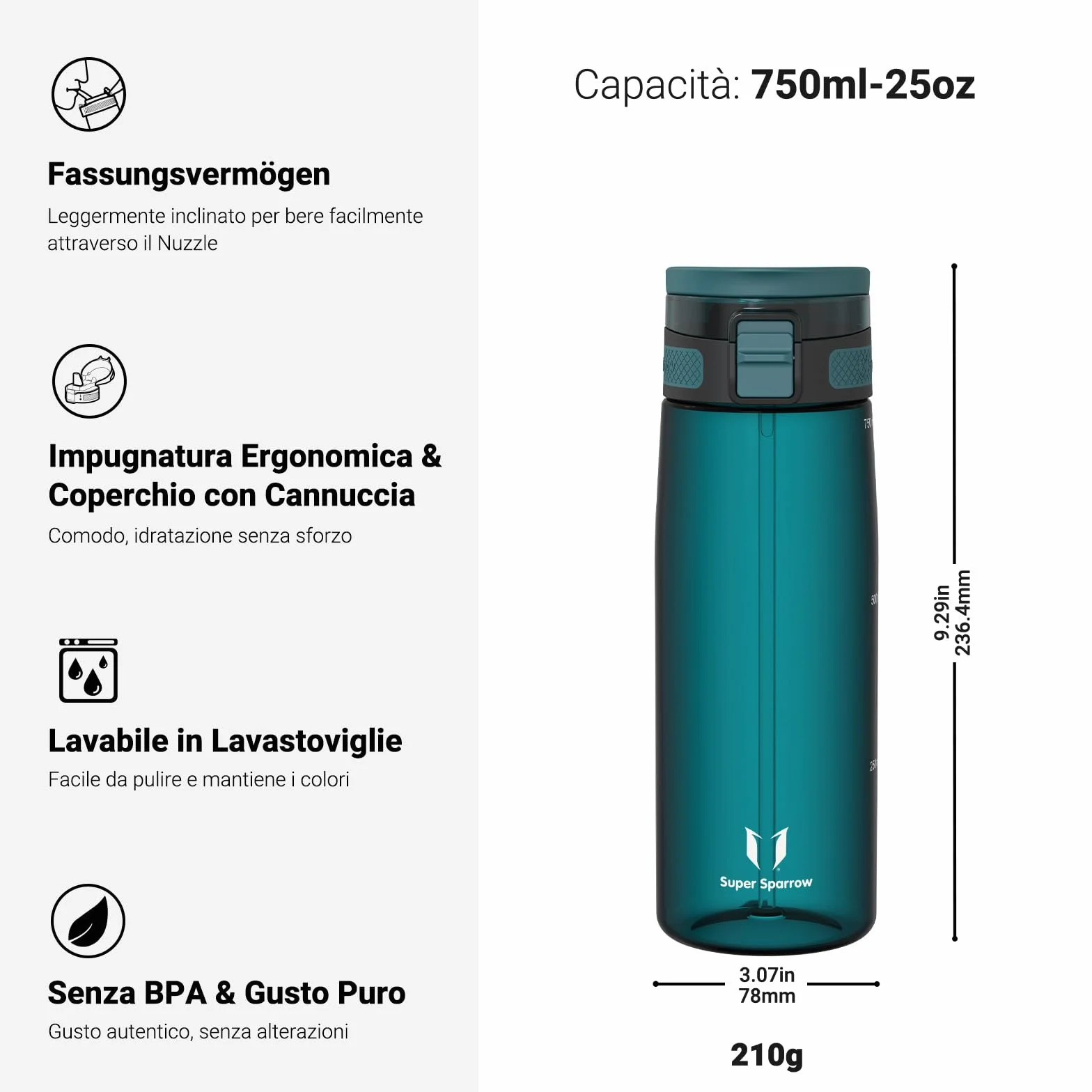 Super Sparrow Borraccia TouchSip Sportiva Bottiglia 500ml 750ml 1L Tritan Senza BPA a Prova di Perdite con Cannuccia