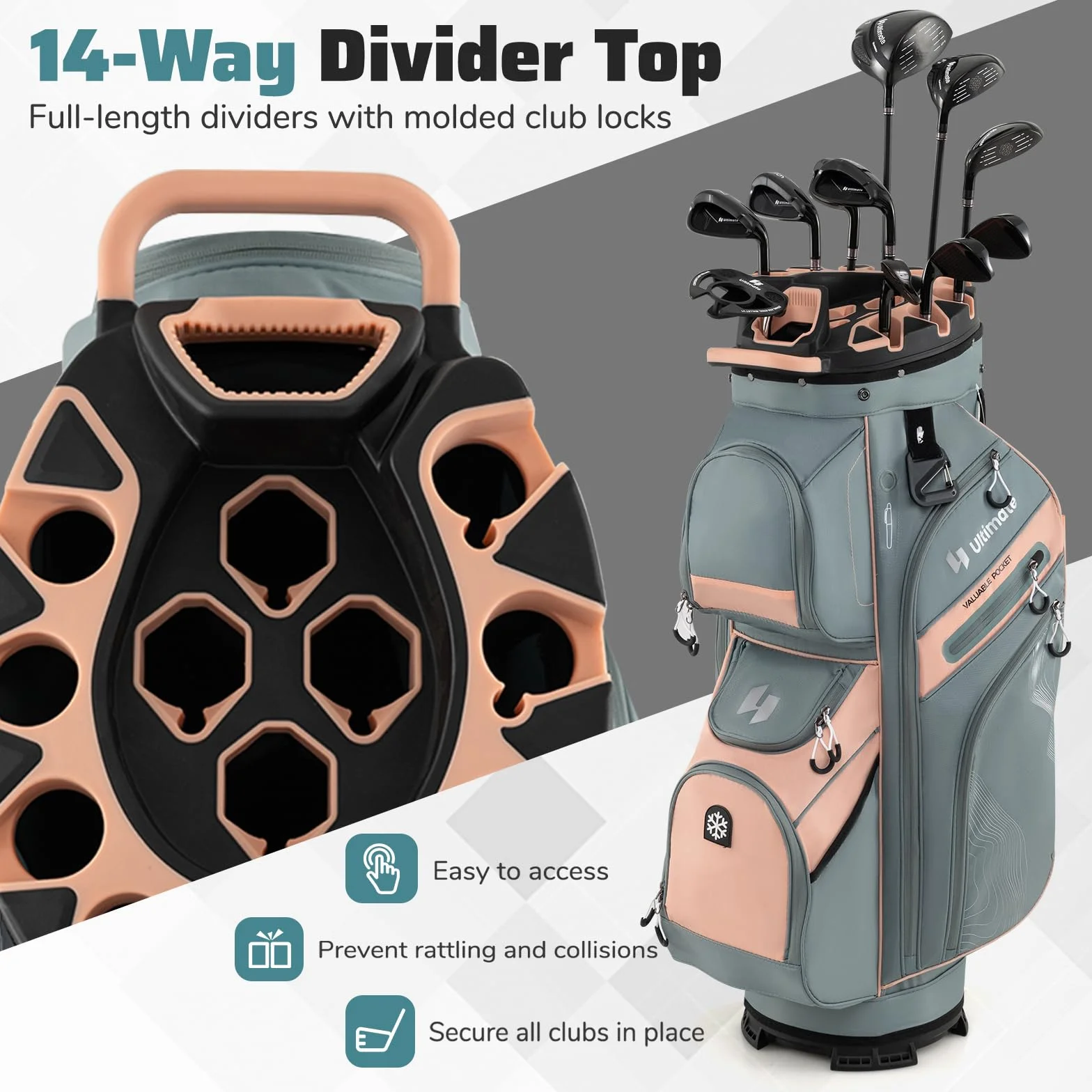 LIFEZEAL Borsa da golf con 14 divisori, borsa da golf con 11 tasche, borsa da golf portatile con cinghia, maniglie, supporto per ombrelli