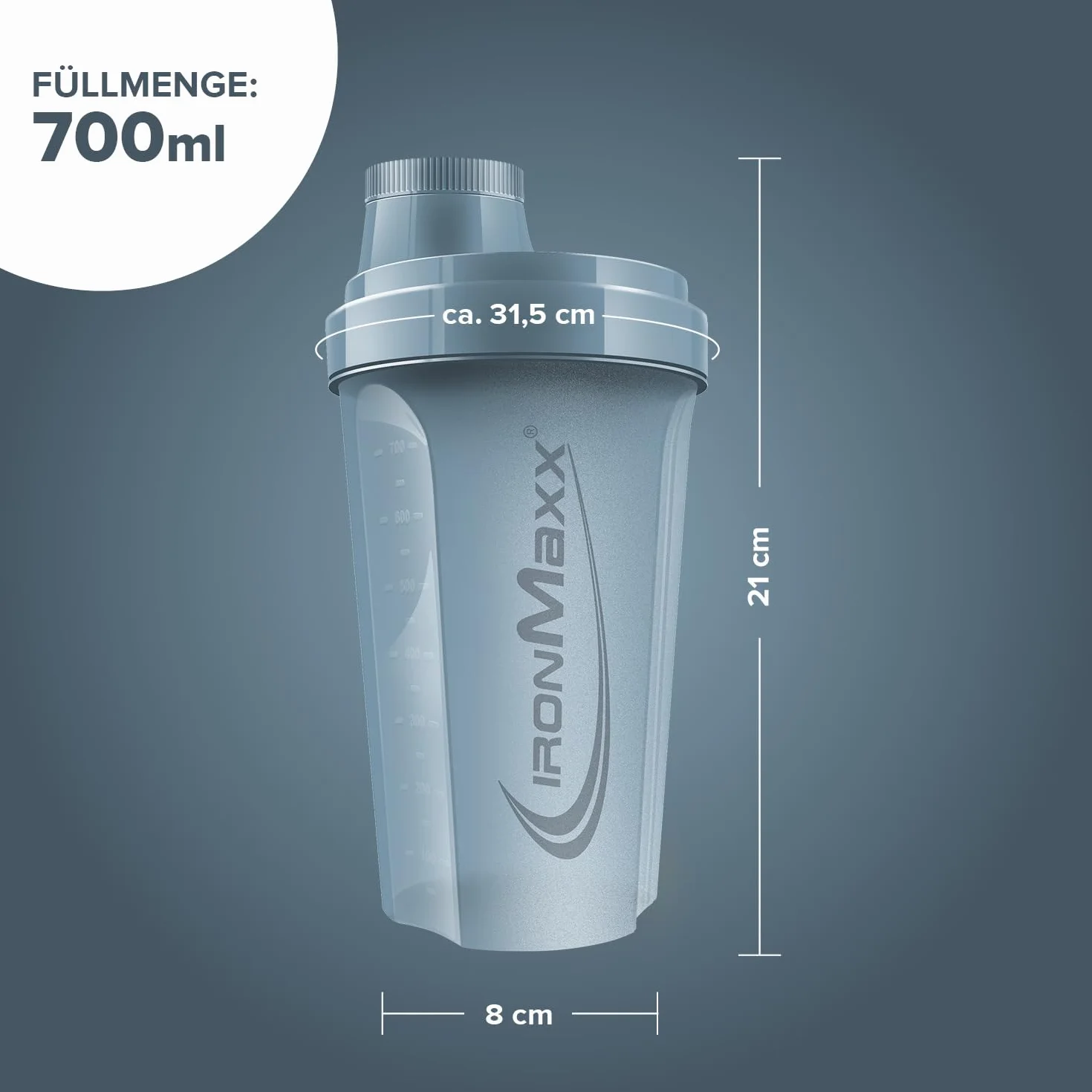 IronMaxx Protein Shaker 700ml Kyanite Blue con tappo a vite, setaccio e scala di misurazione, borraccia palestra a tenuta stagna senza BPA