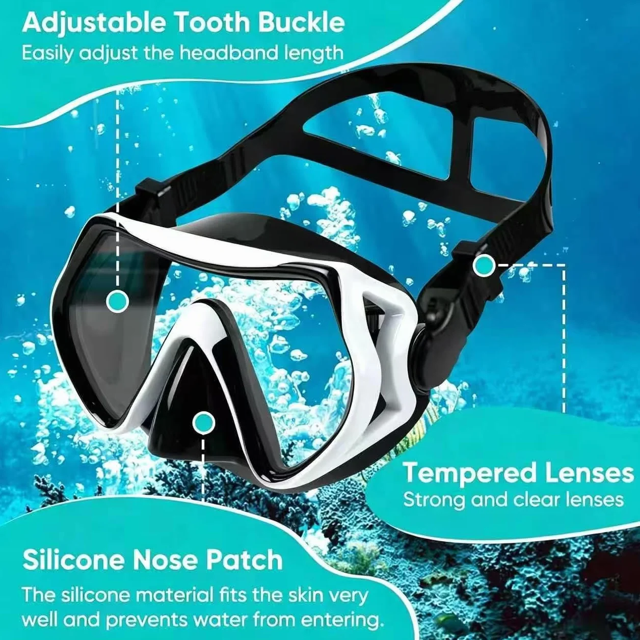 Maschera Subacquea Anti-Appannamento 180° Panoramica con Boccaglio Asciutto in Vetro Temperato per Immersioni