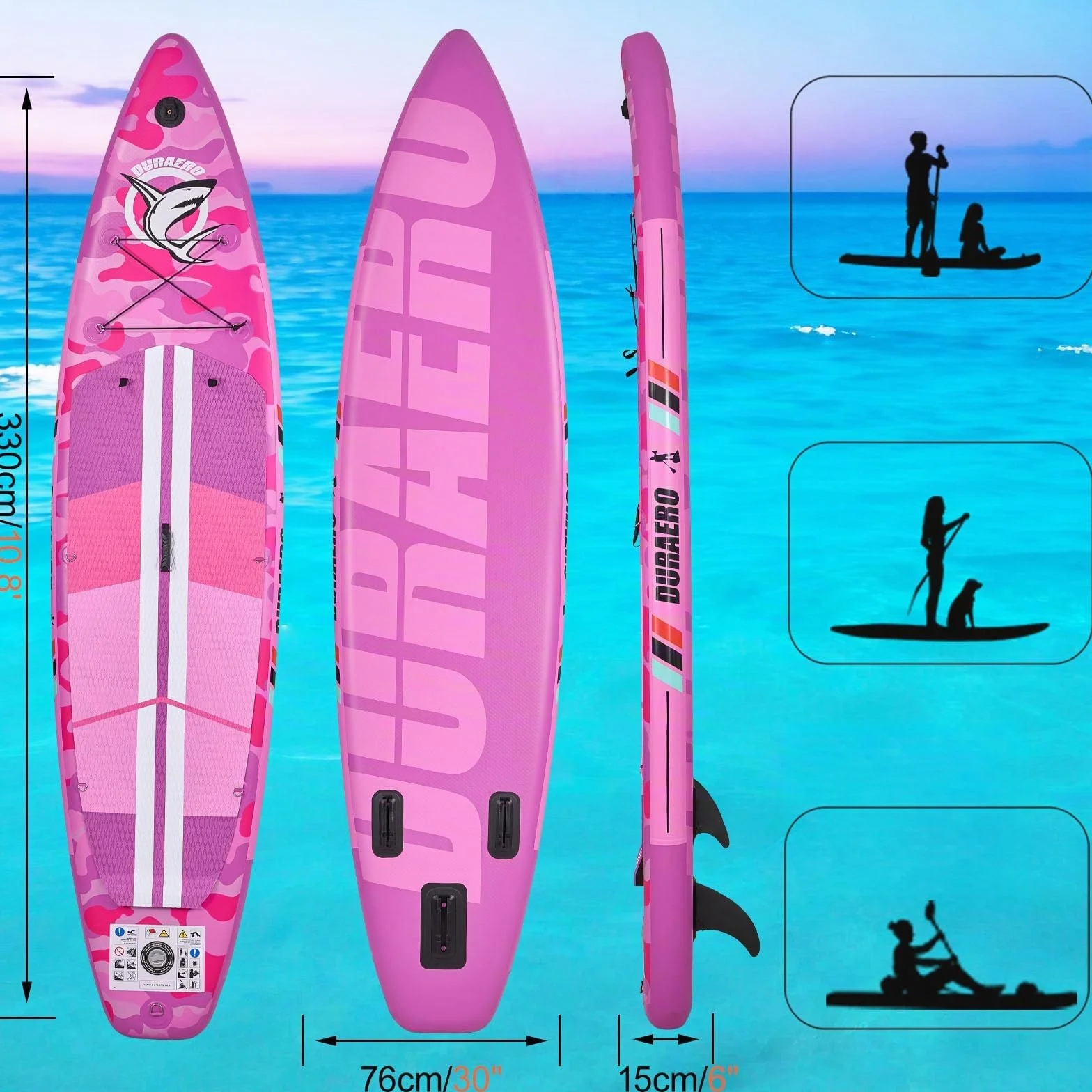 Tavola SUP gonfiabile 330x76x15 cm 150 kg supporto cam pad 3 pinze doppia pagaia regolabile Pink