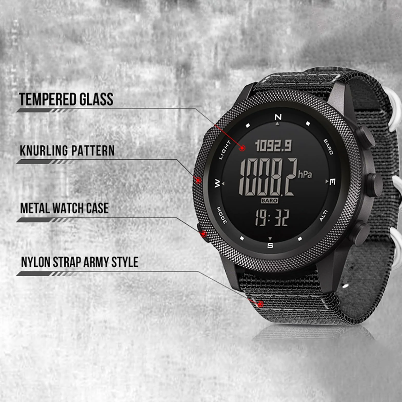TFixol Orologio digitale multifunzionale da uomo, sportivo, corsa, nuoto, sport, altimetro, barometro, bussola, nero