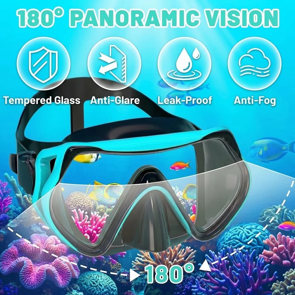 Maschera Snorkeling Panoramica 180° Set per Snorkeling con Maschera e Boccaglio Anti-Fog & Anti-Perdite Maschera Subacquea Snorkel Set Maschera Sub Regolabil per Unisex Adulto