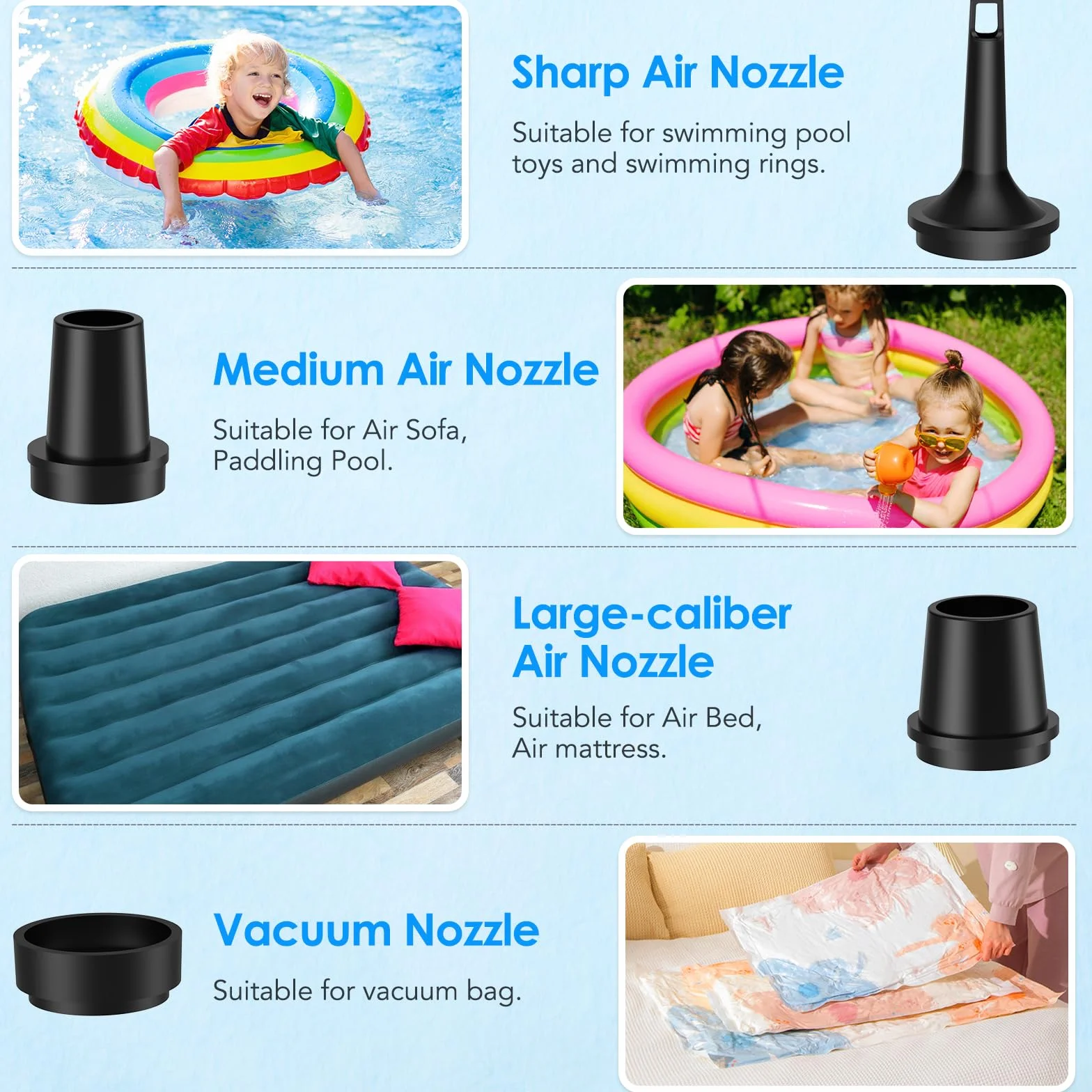 Pompa Elettrica Portatile 2 in 1 Gonfiaggio e Sgonfiaggio con 4 Ugelli per Campeggio Materassi ad Aria Piscina
