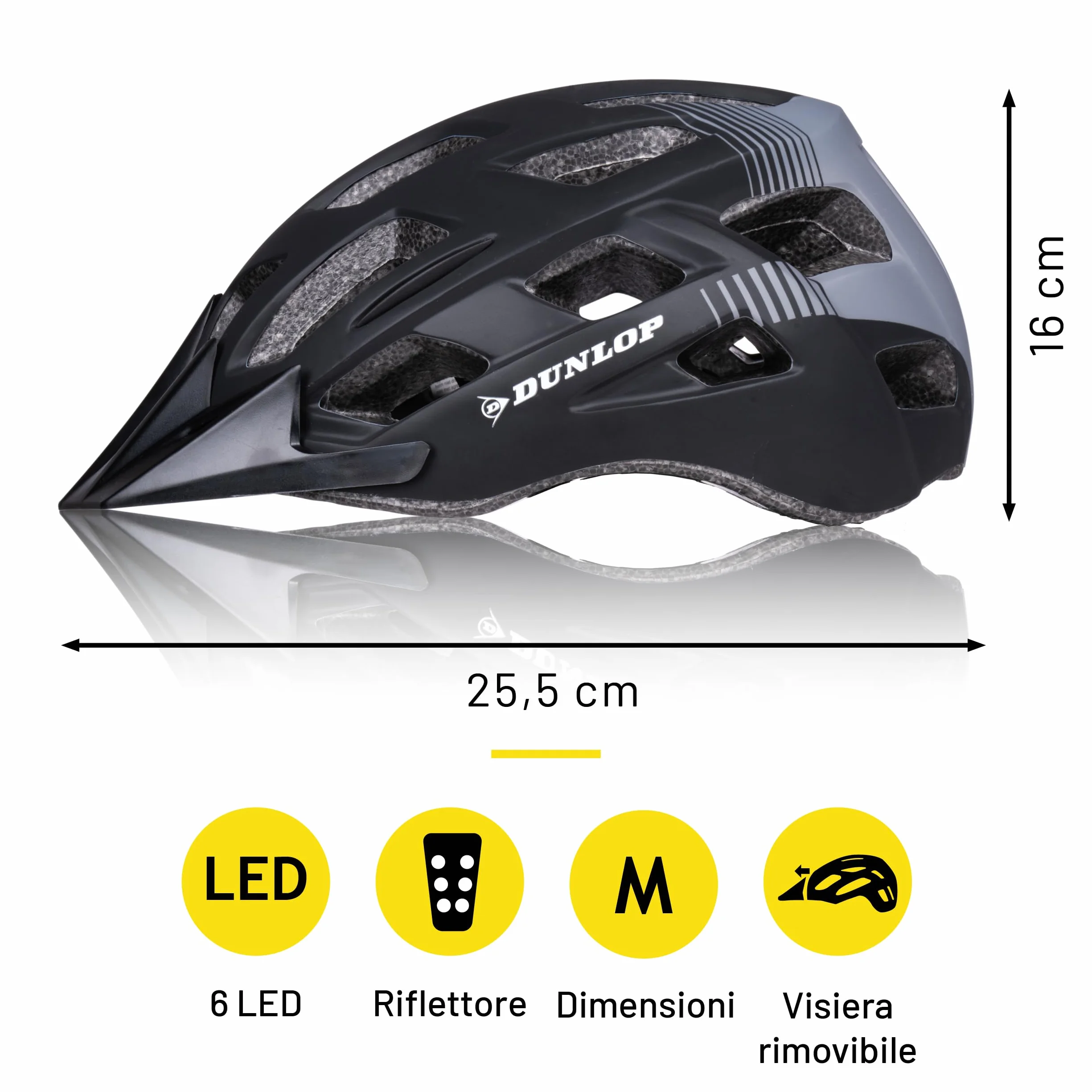 Dunlop Casco da bicicletta con luce LED regolabile 55-58 cm Nero